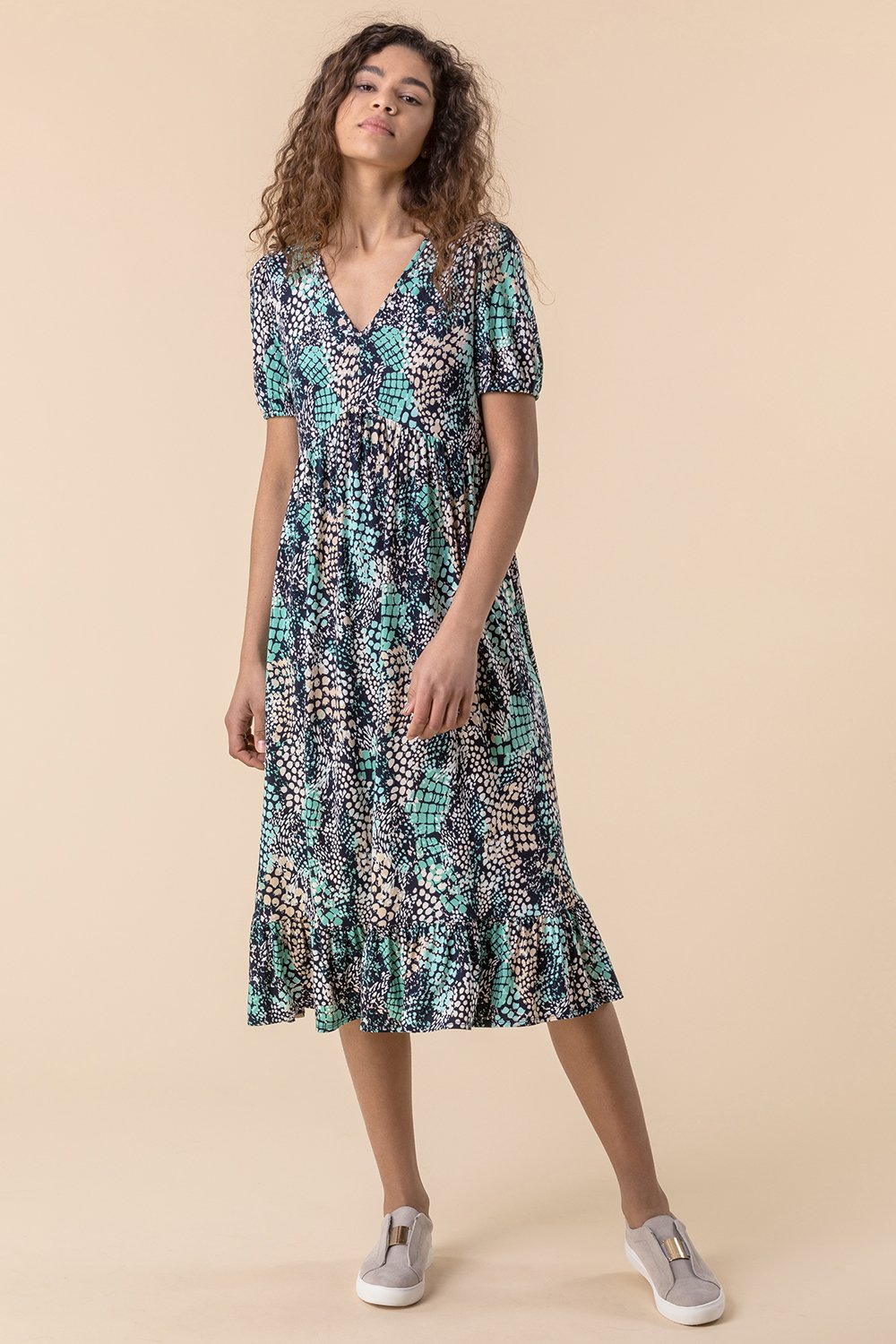 Abstract Snake Print Tiered Dress