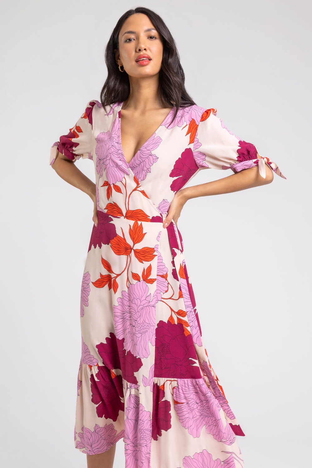 Mauve Floral Frill Hem Wrap Midi Dress, Image 4 of 6
