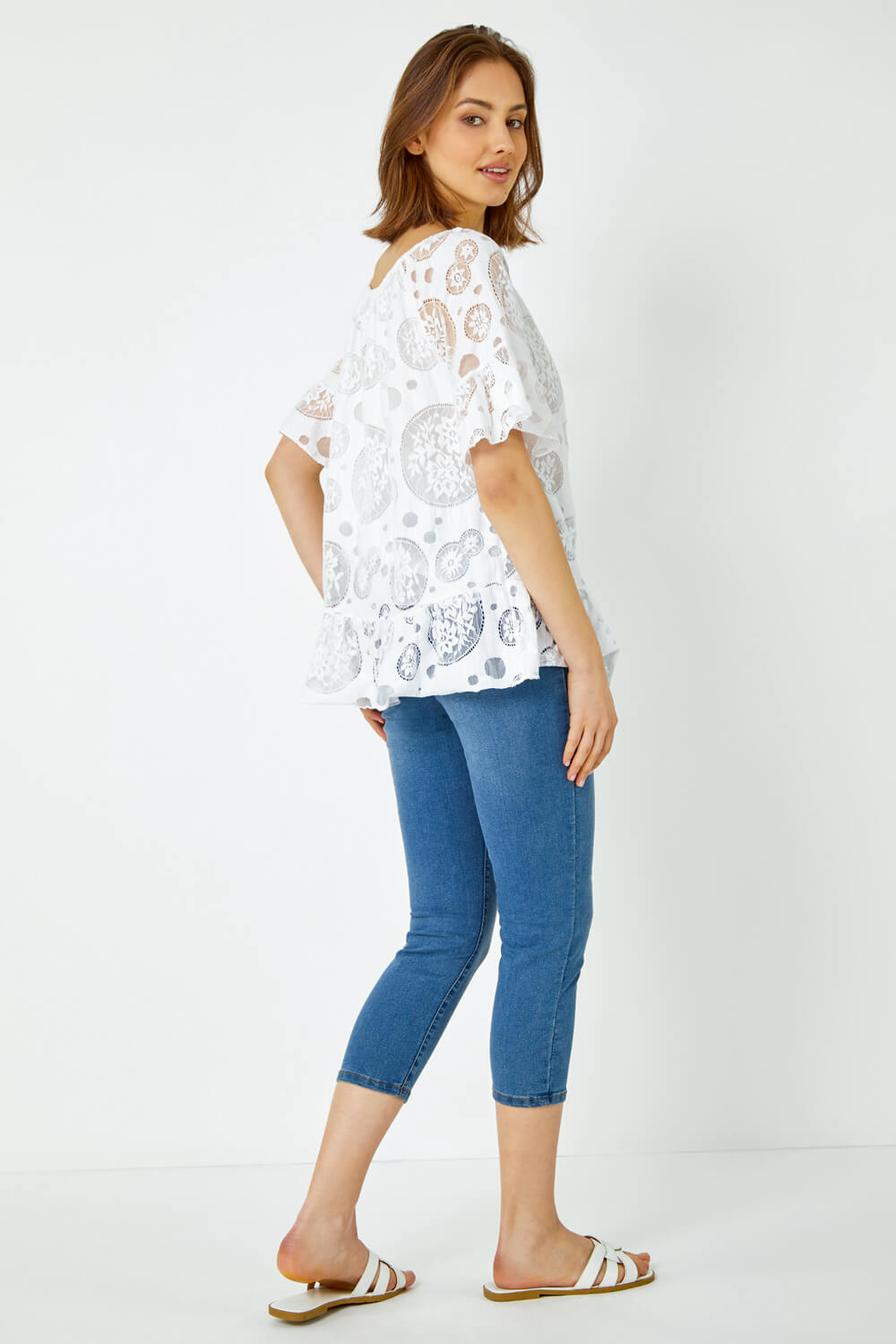 Ivory  Sheer Lace Button Detail Bardot Top, Image 3 of 5