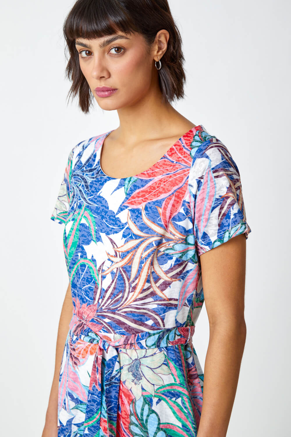 Multi  Tropical Burnout Print Belted Dress, Image 4 of 5