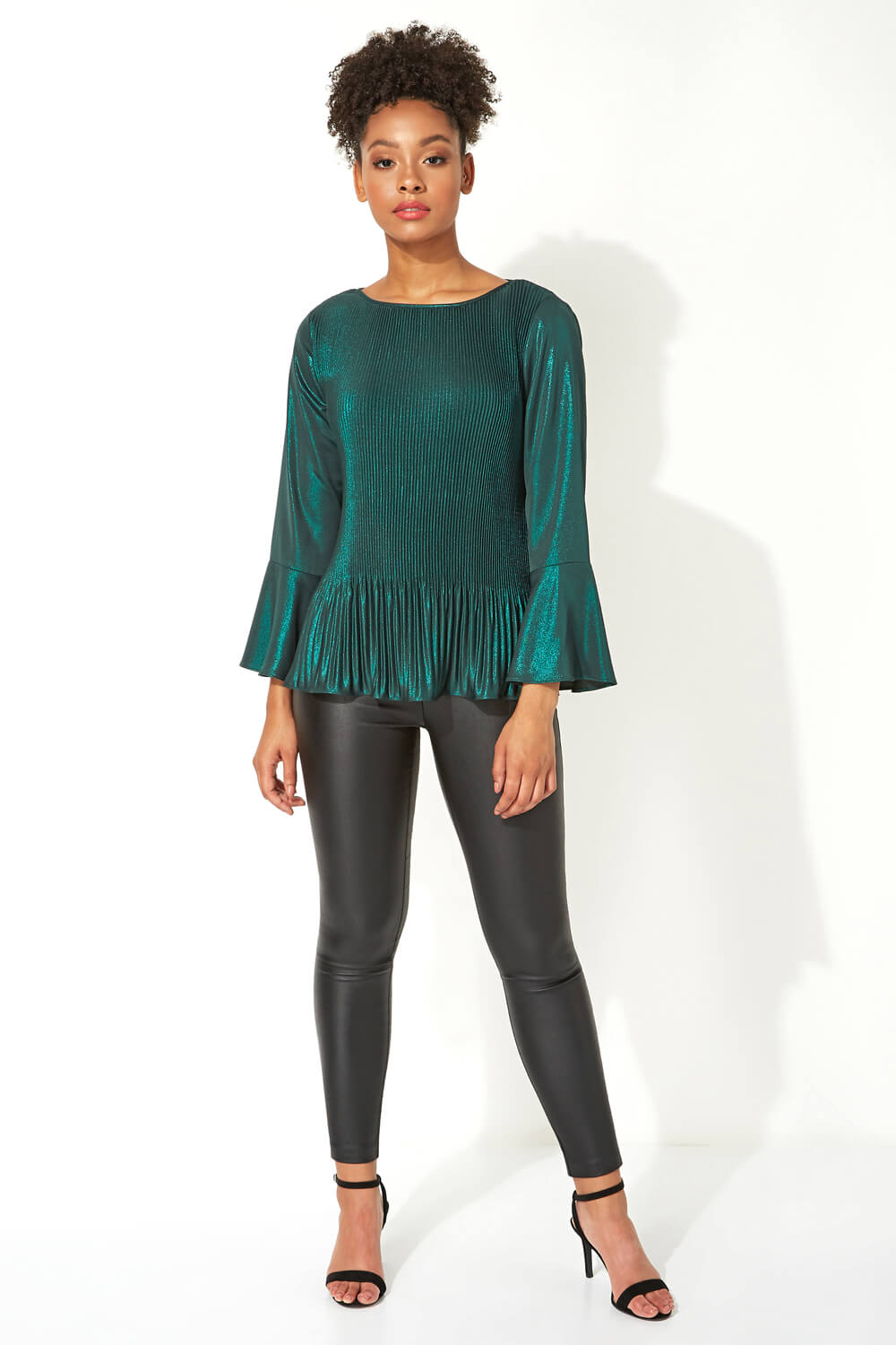 Green Flared Sleeve Foil Pleated Top, Image 2 of 5