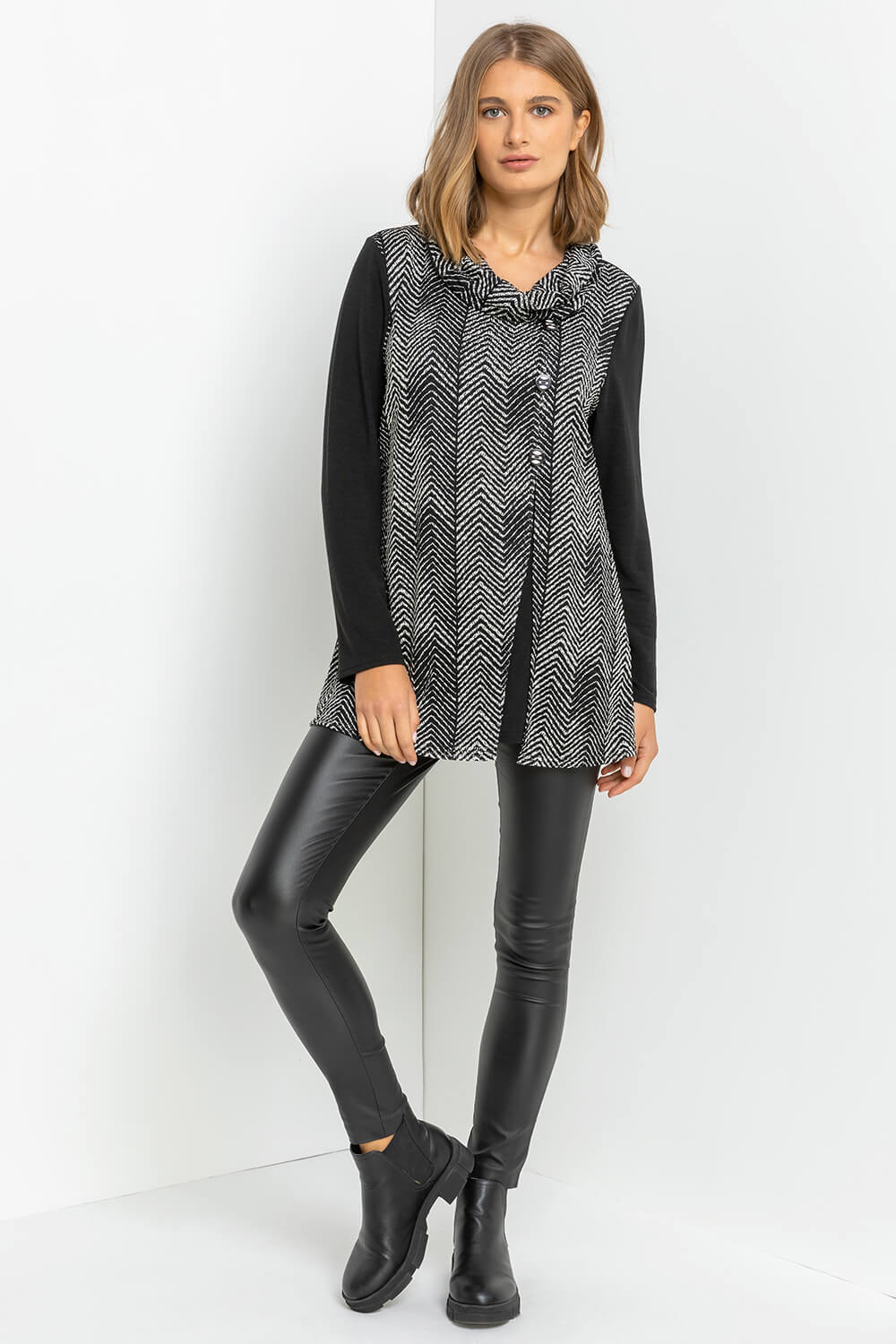Black Zig Zag Cowl Neck Button Top, Image 3 of 4