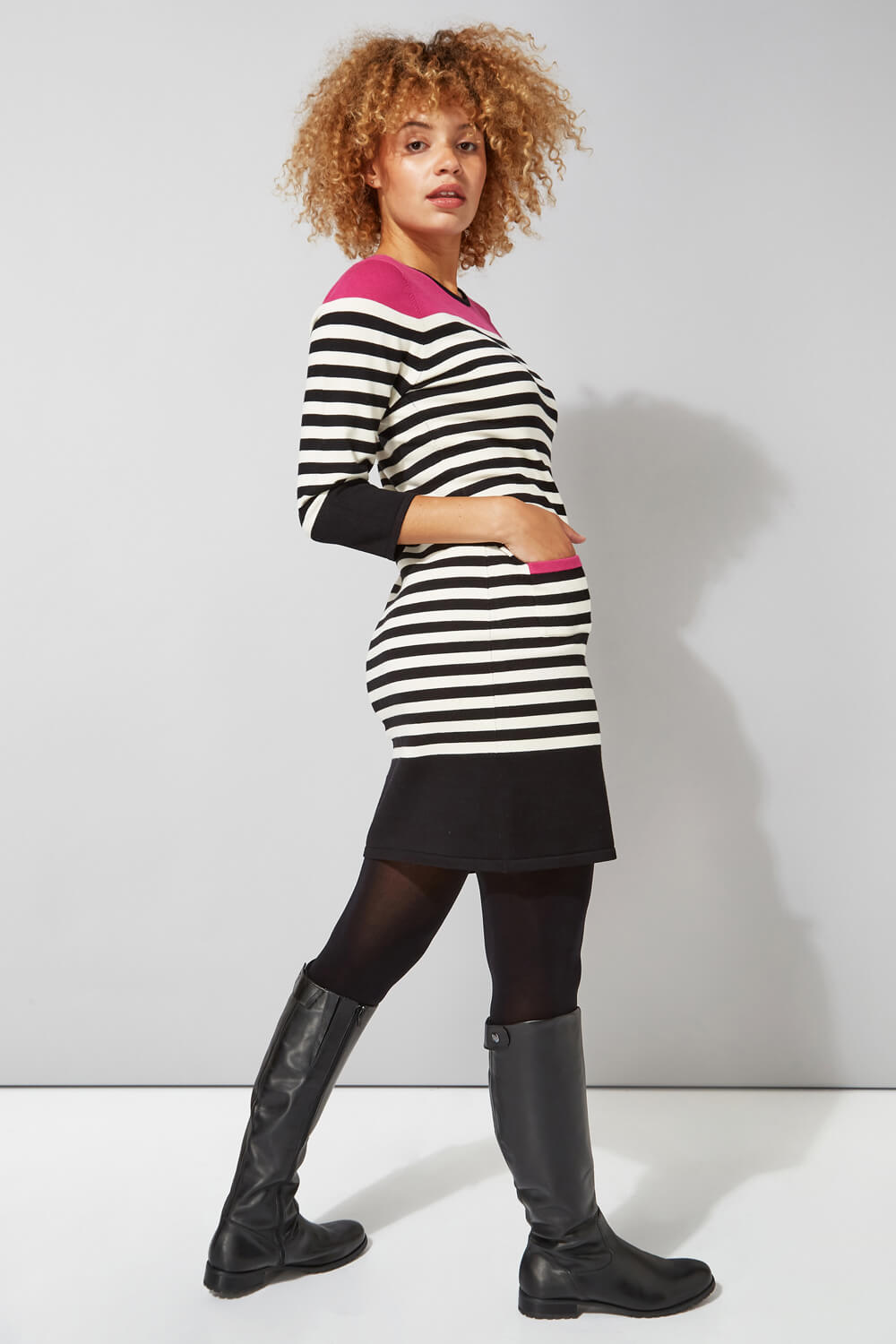 Fuchsia Stripe Pocket Knitted Shift Dress, Image 4 of 4