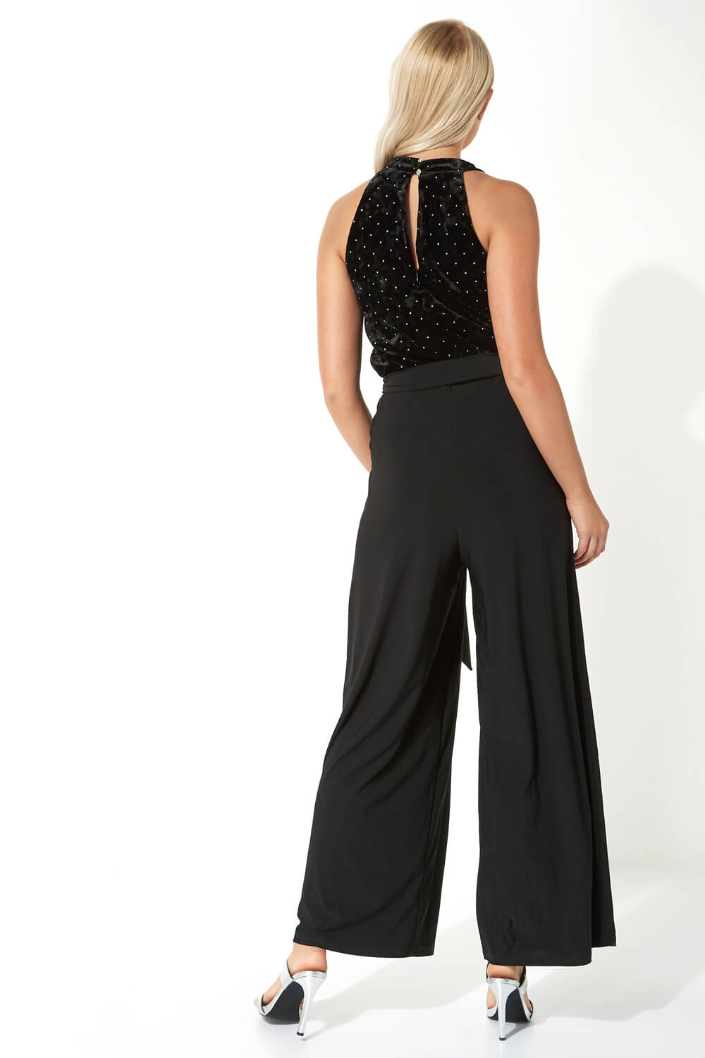 Black Embellished Velvet V-Neck Jumpsuit, Image 3 of 5