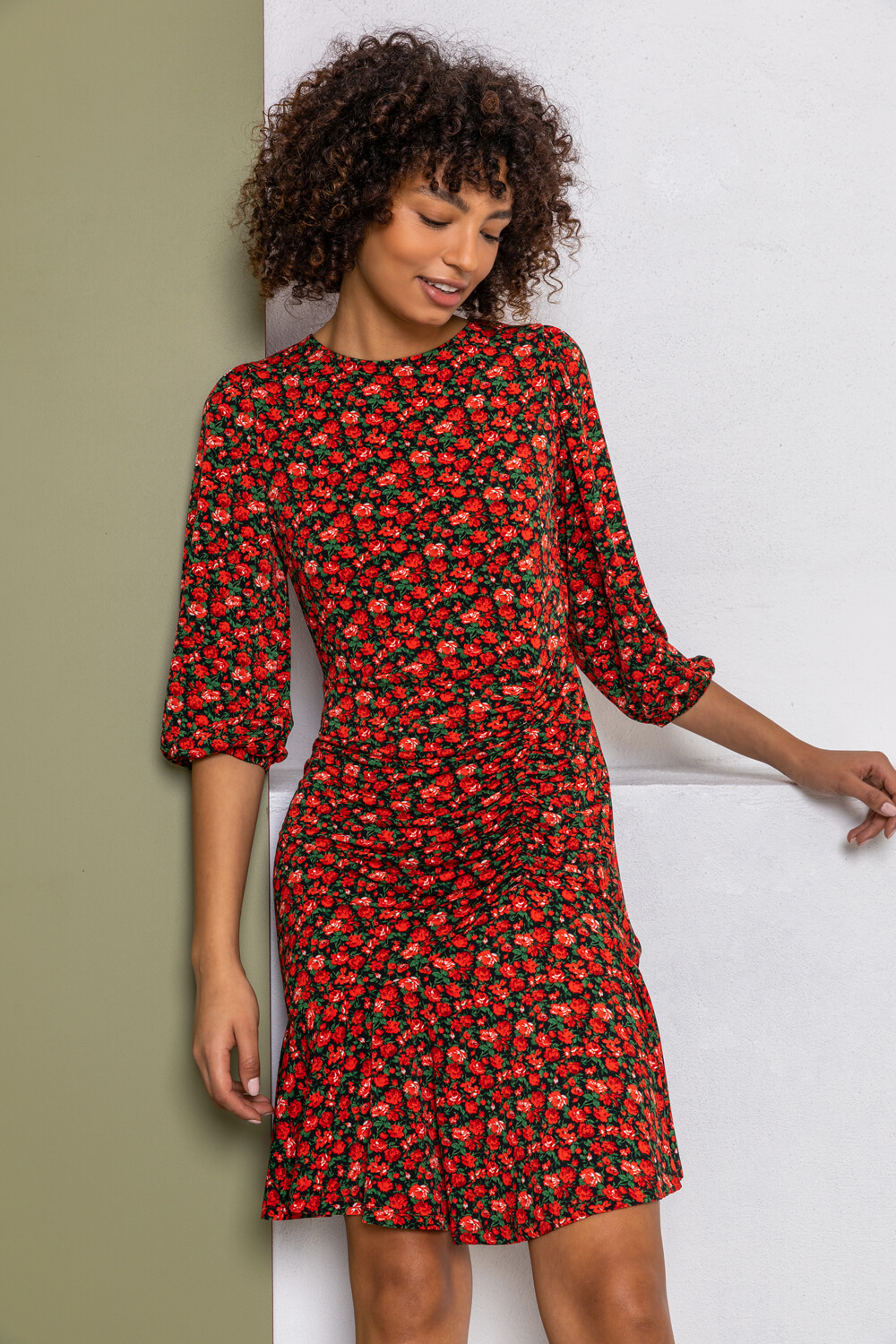 Ditsy Floral Ruched Frill Dress