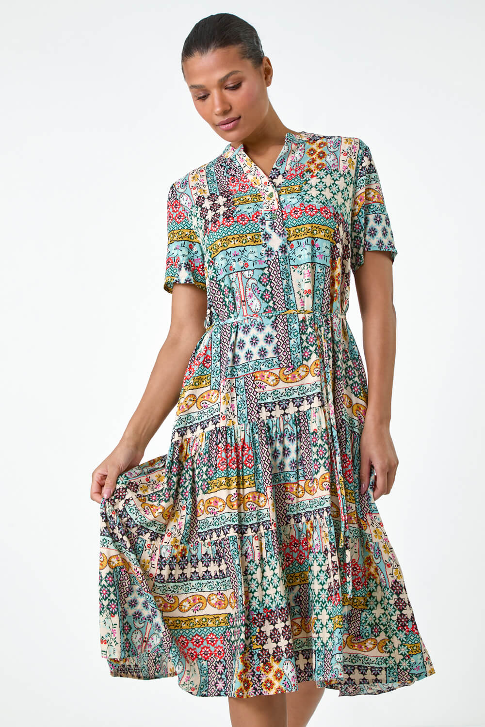 Multi Patchwork Print Pocket Tiered Shirt Dress | Roman UK