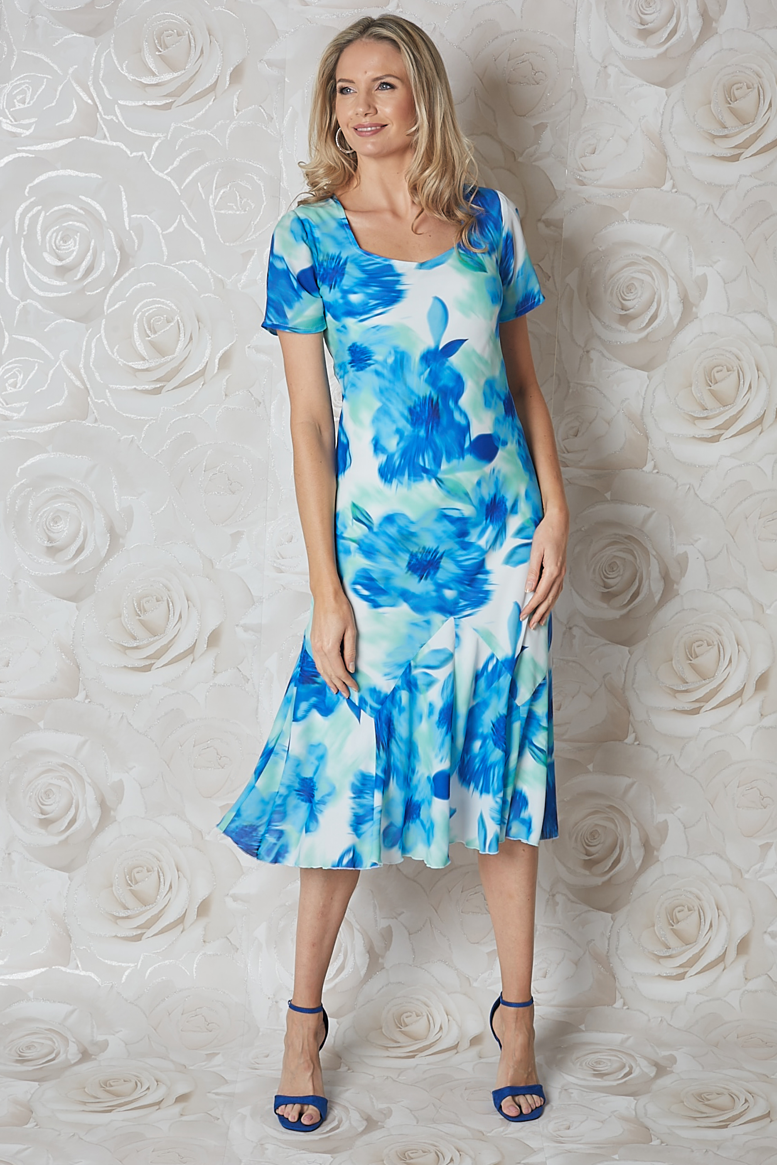 Turquoise Julianna Floral Bias Cut Midi Dress, Image 4 of 4