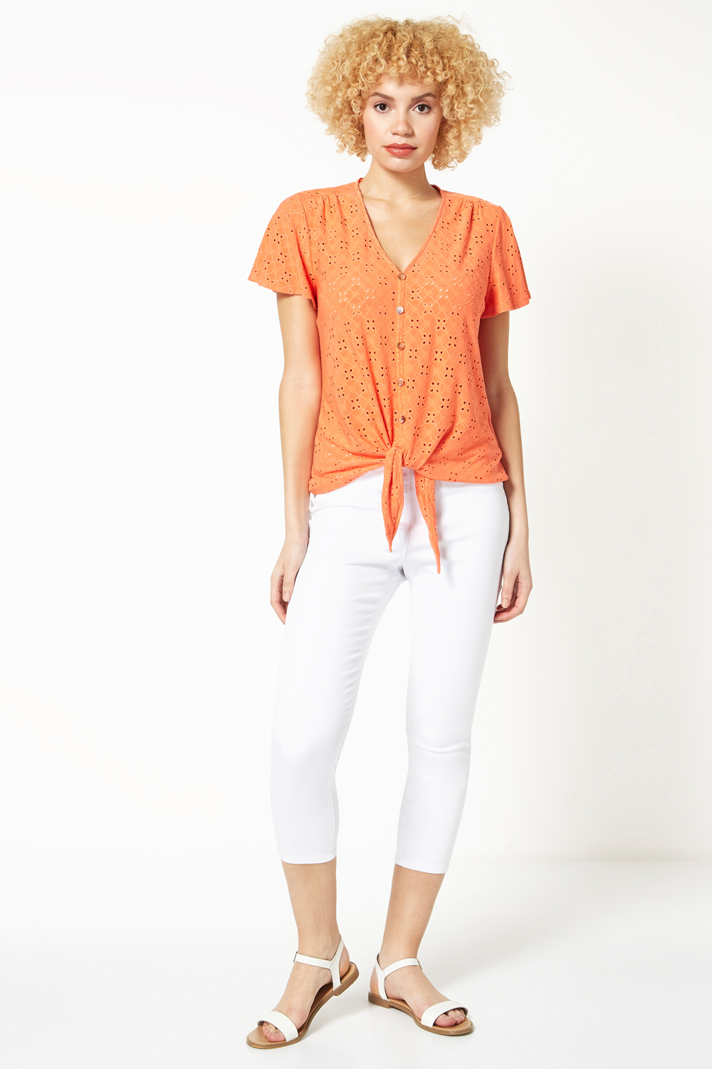 CORAL Broderie Stretch Jersey Tie Front Top, Image 2 of 4