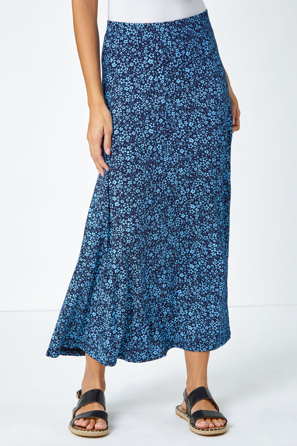 Blue Ditsy Floral Stretch Midi Skirt, Image 4 of 5