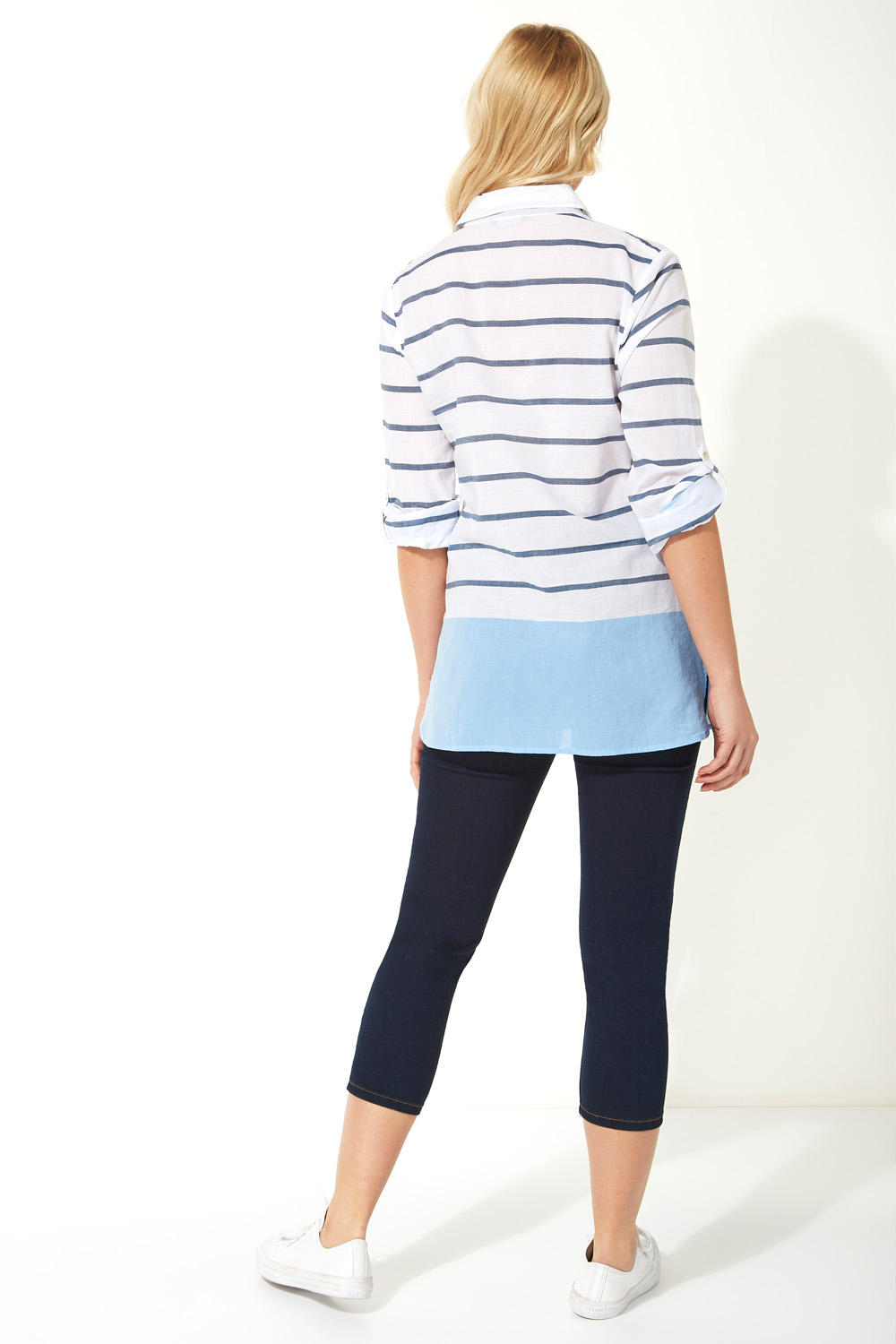 Blue Stripe Colour Block Roll Sleeve Shirt, Image 3 of 5