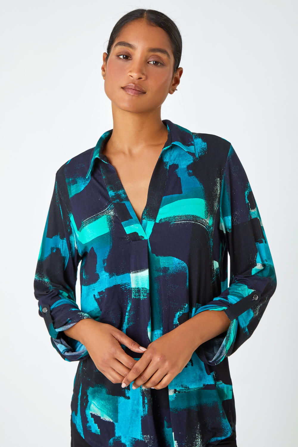 Turquoise Abstract Print Stretch Shirt Top , Image 4 of 5