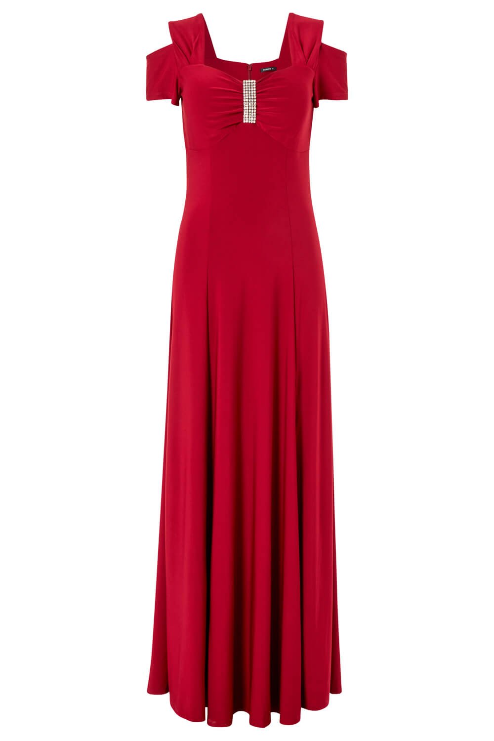 Diamante Cold Shoulder Maxi Dress in Red Silver - Roman Originals UK