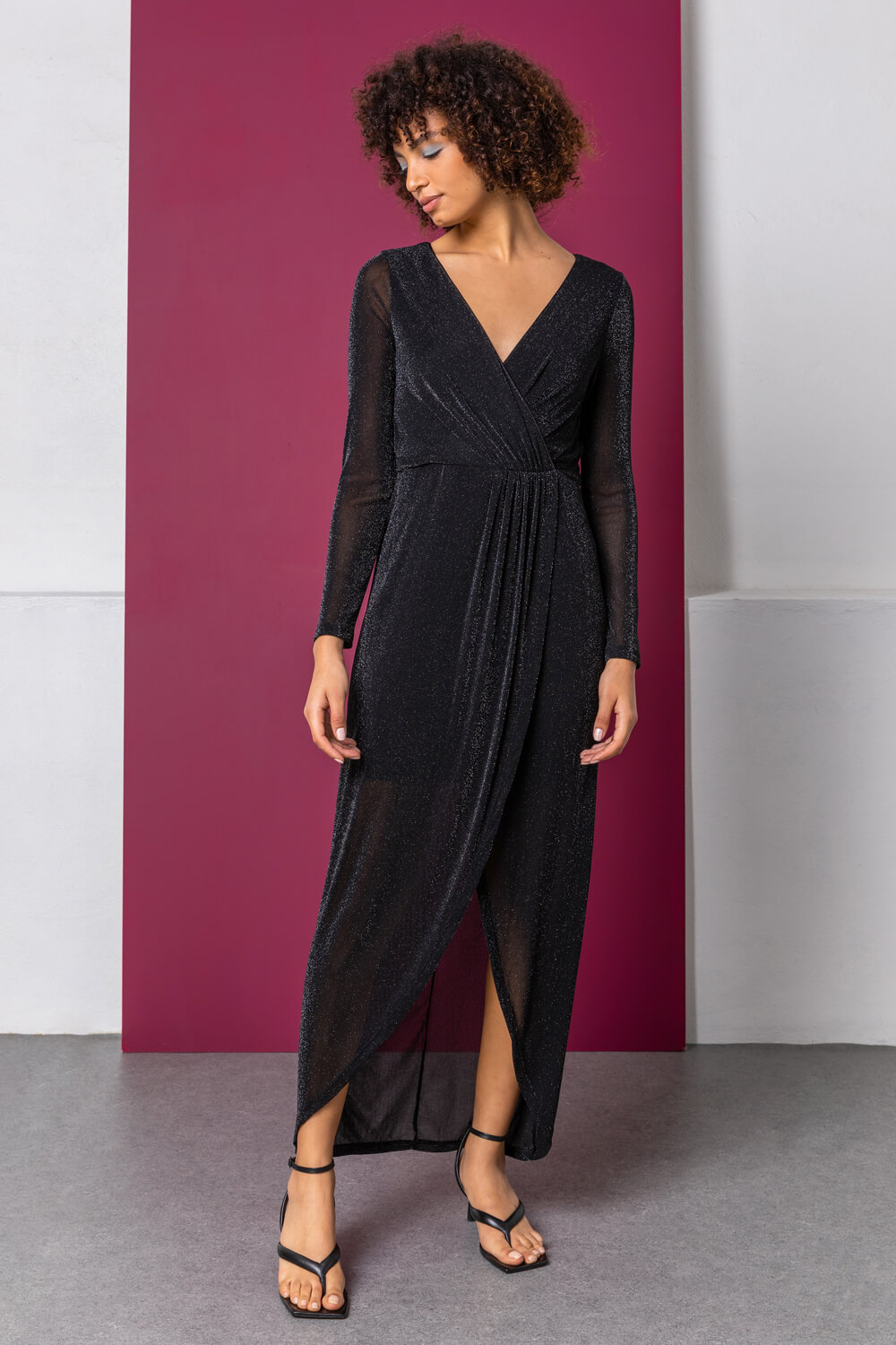 Black Fitted Shimmer Ruched Wrap Maxi Dress, Image 3 of 5