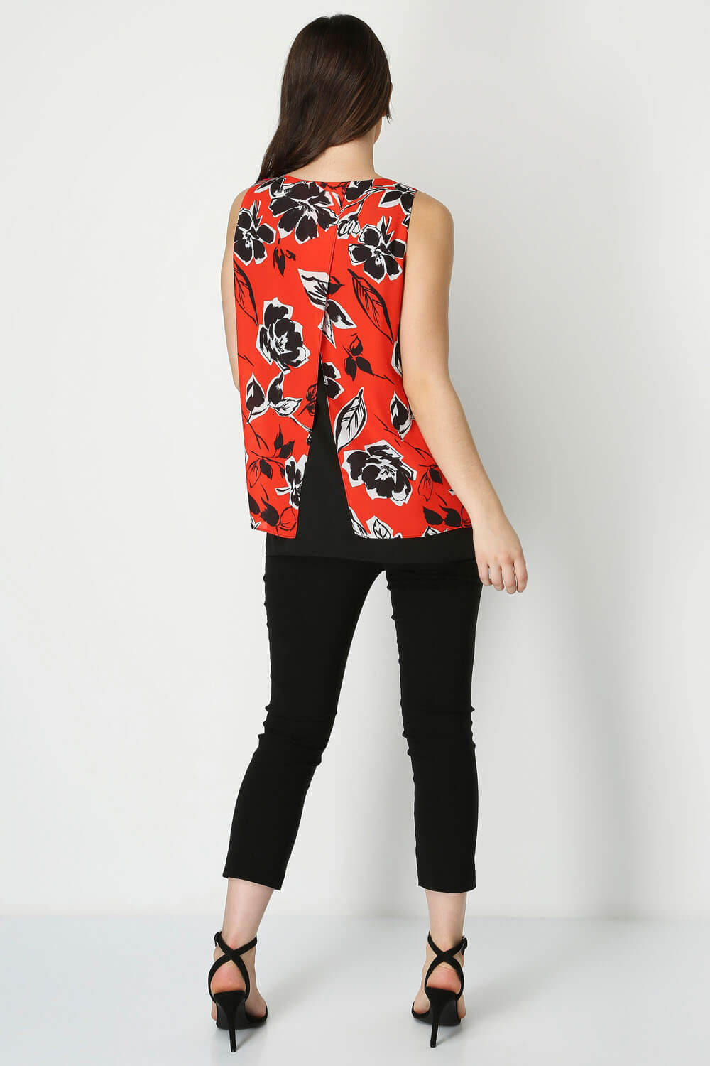 Red Sleeveless Floral Contrast Top, Image 3 of 8