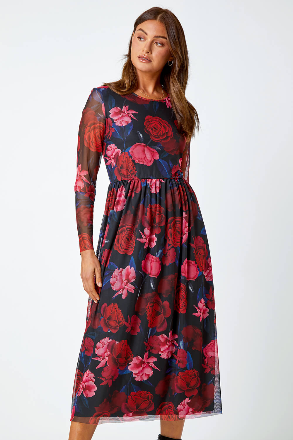 Red Floral Mesh Midi Stretch Dress, Image 2 of 5