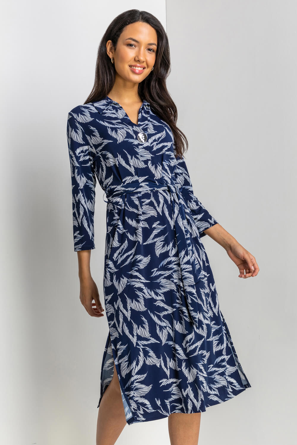 Textured Leaf Print Midi Shirt Dress