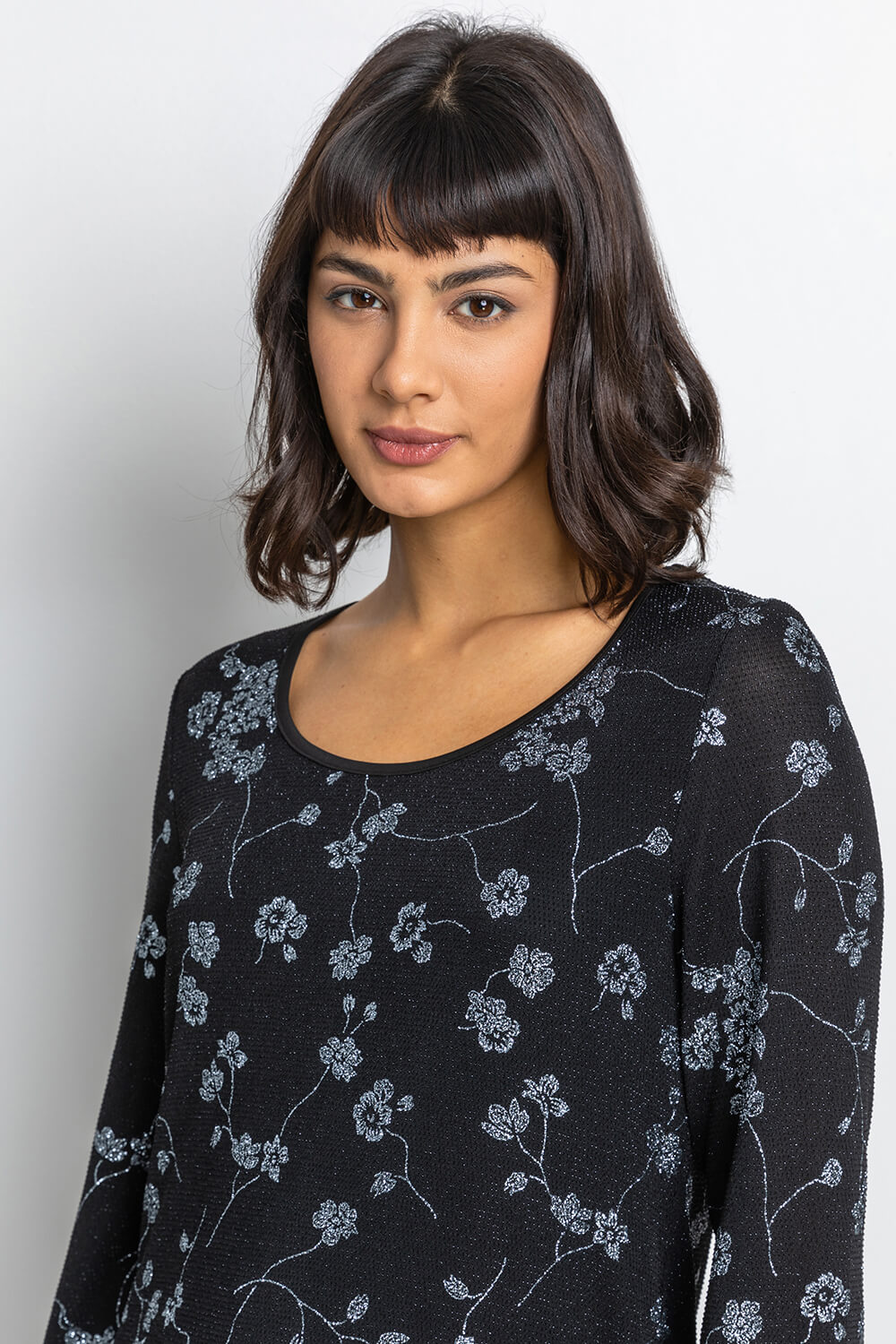 Silver Shimmer Floral Print Top, Image 2 of 5