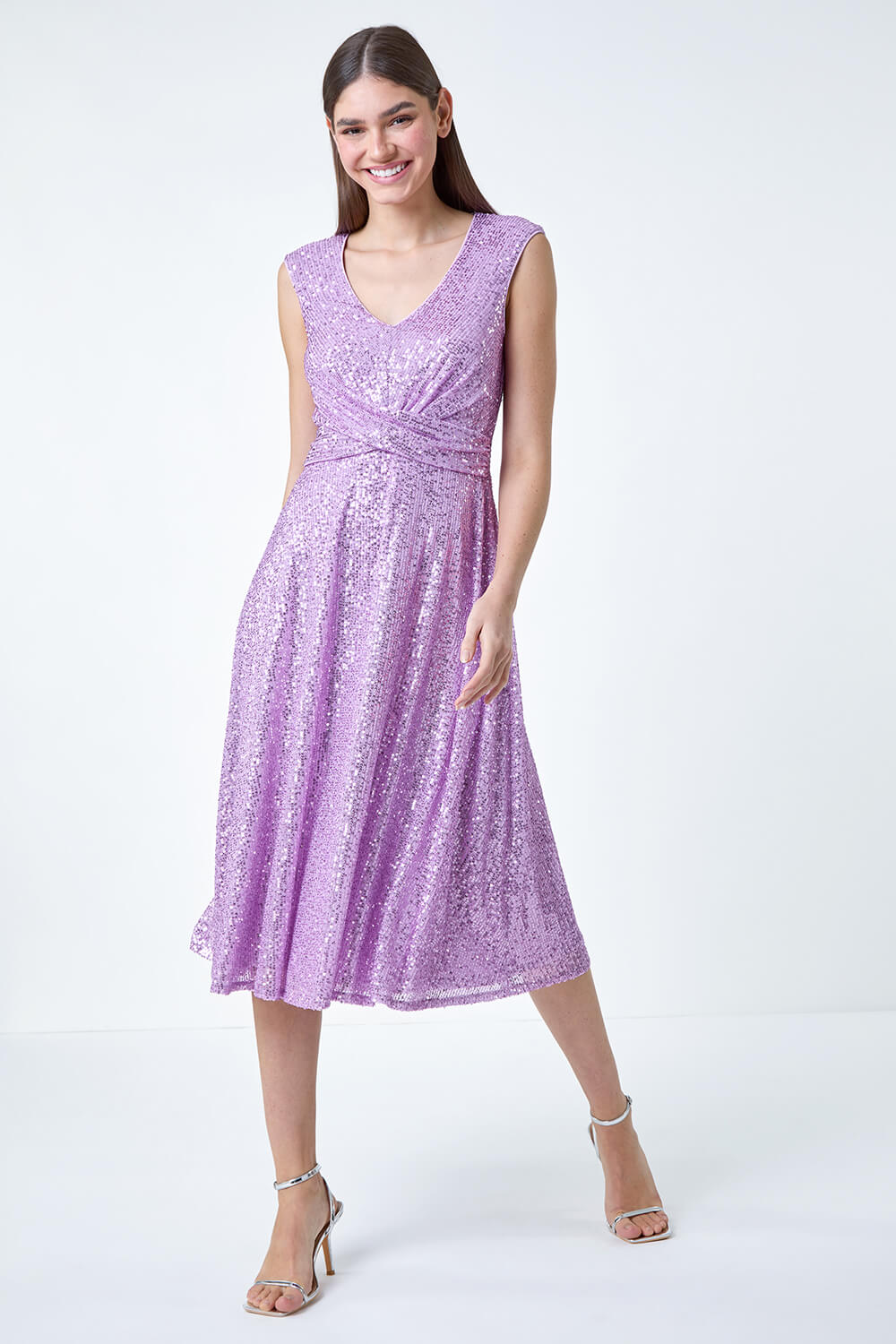 Lilac Sequin Wrap Detail Midi Dress, Image 2 of 5