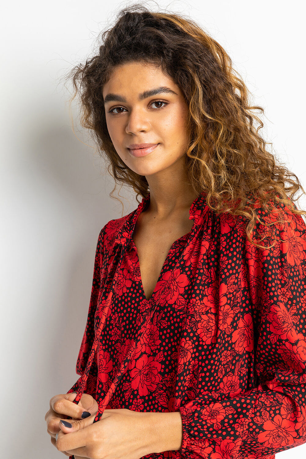 Red Floral Spot Tie Neck Blouse, Image 4 of 5