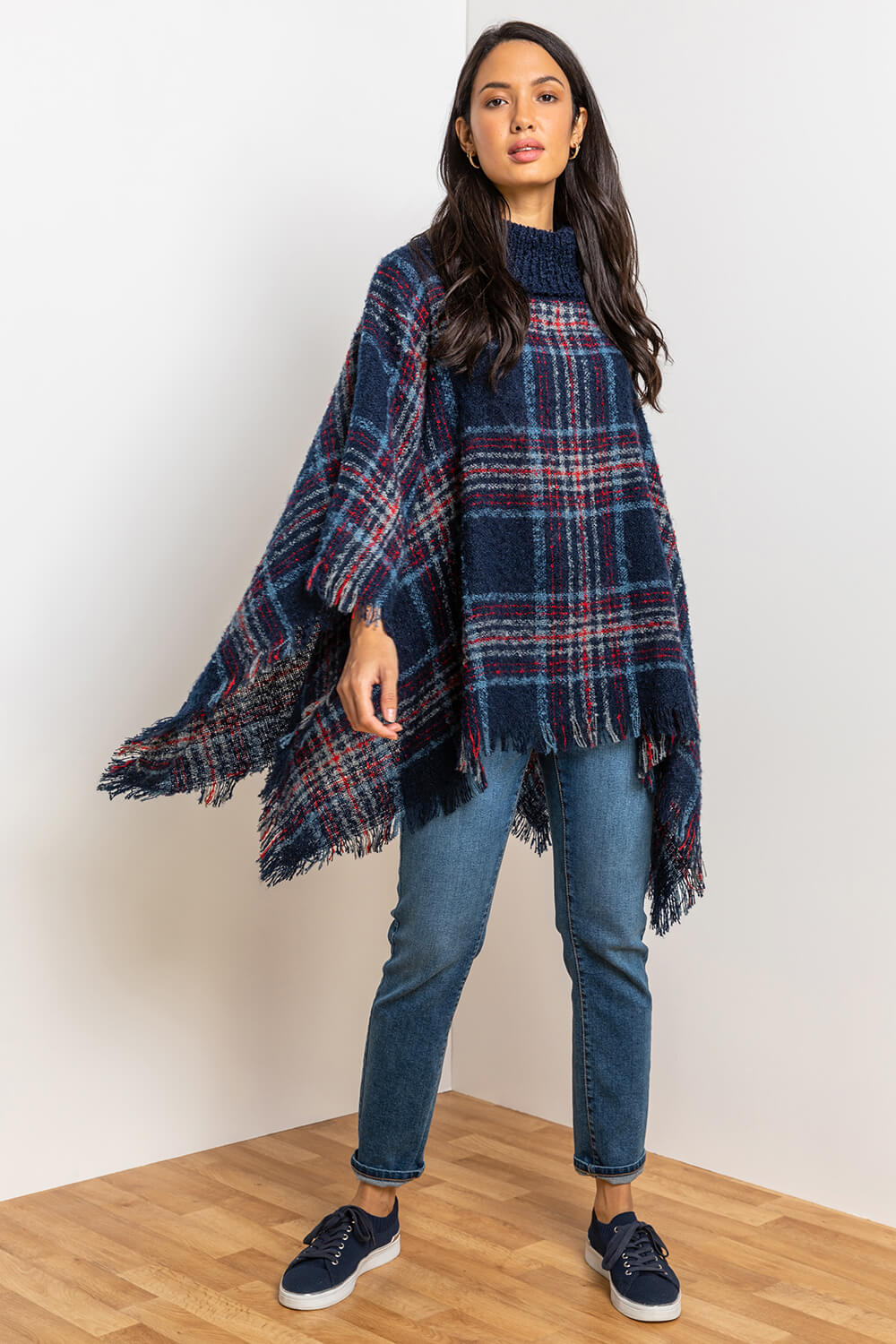 Midnight Blue Check Knit Roll Neck Poncho, Image 4 of 4