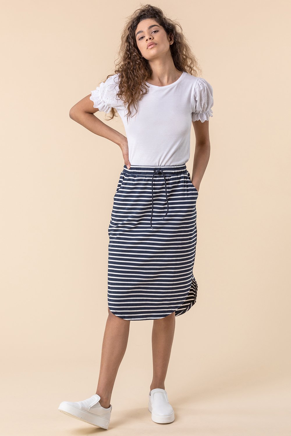 Navy  Jersey Stripe Print Skirt, Image 3 of 4