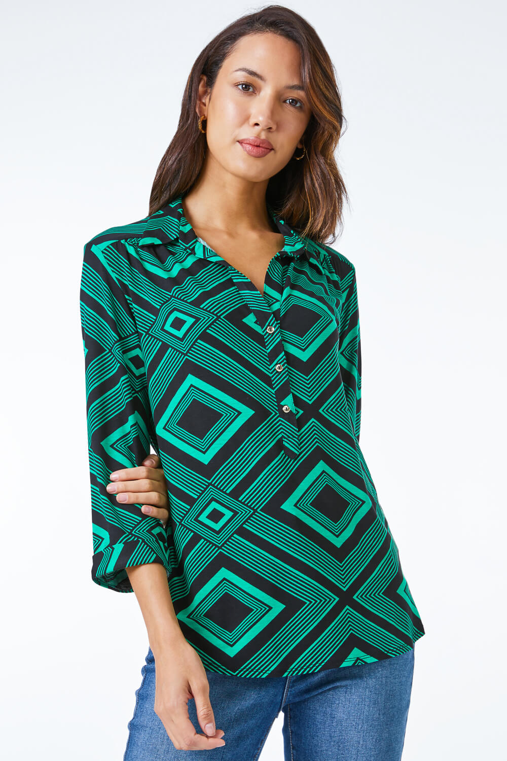 Geometric Stretch Jersey Shirt in Green - Roman Originals UK