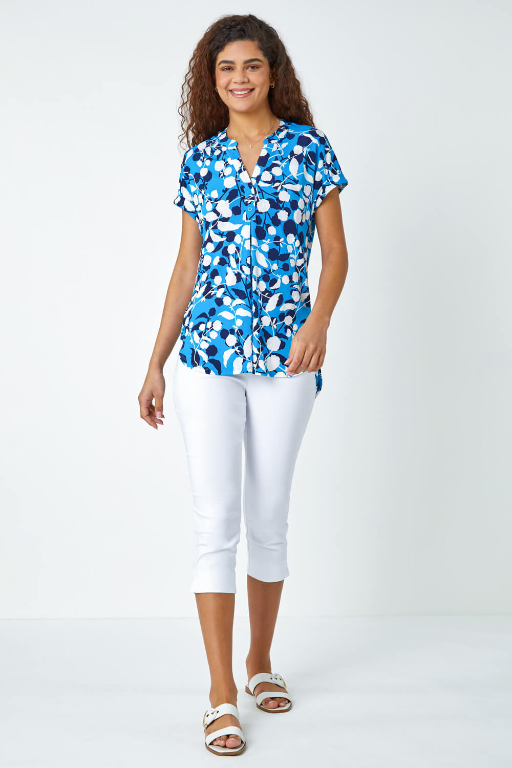 Turquoise Textured Floral Overshirt Stretch Top, Image 2 of 5