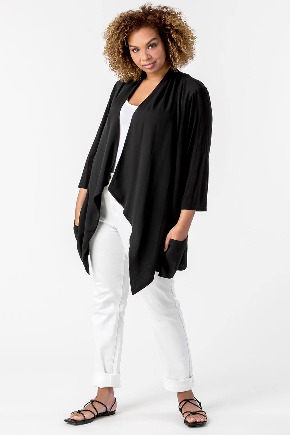 Black Curve Woven Front Jersey Cardigan, Image 3 of 4
