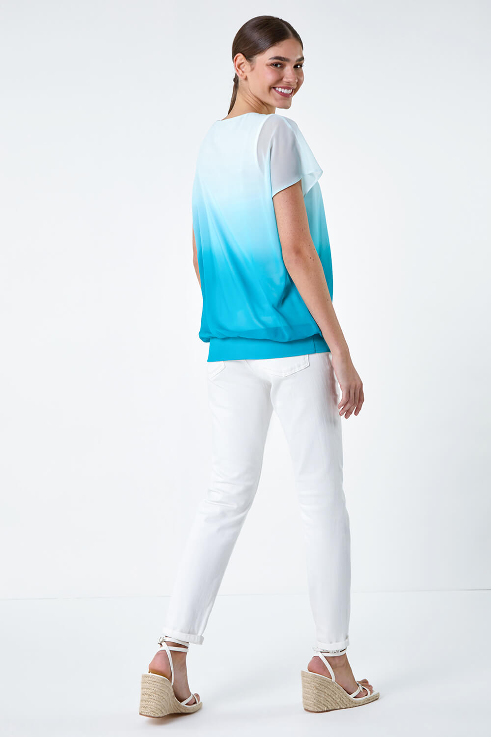 Blue Ombre Chiffon Overlay Blouson Top, Image 3 of 5