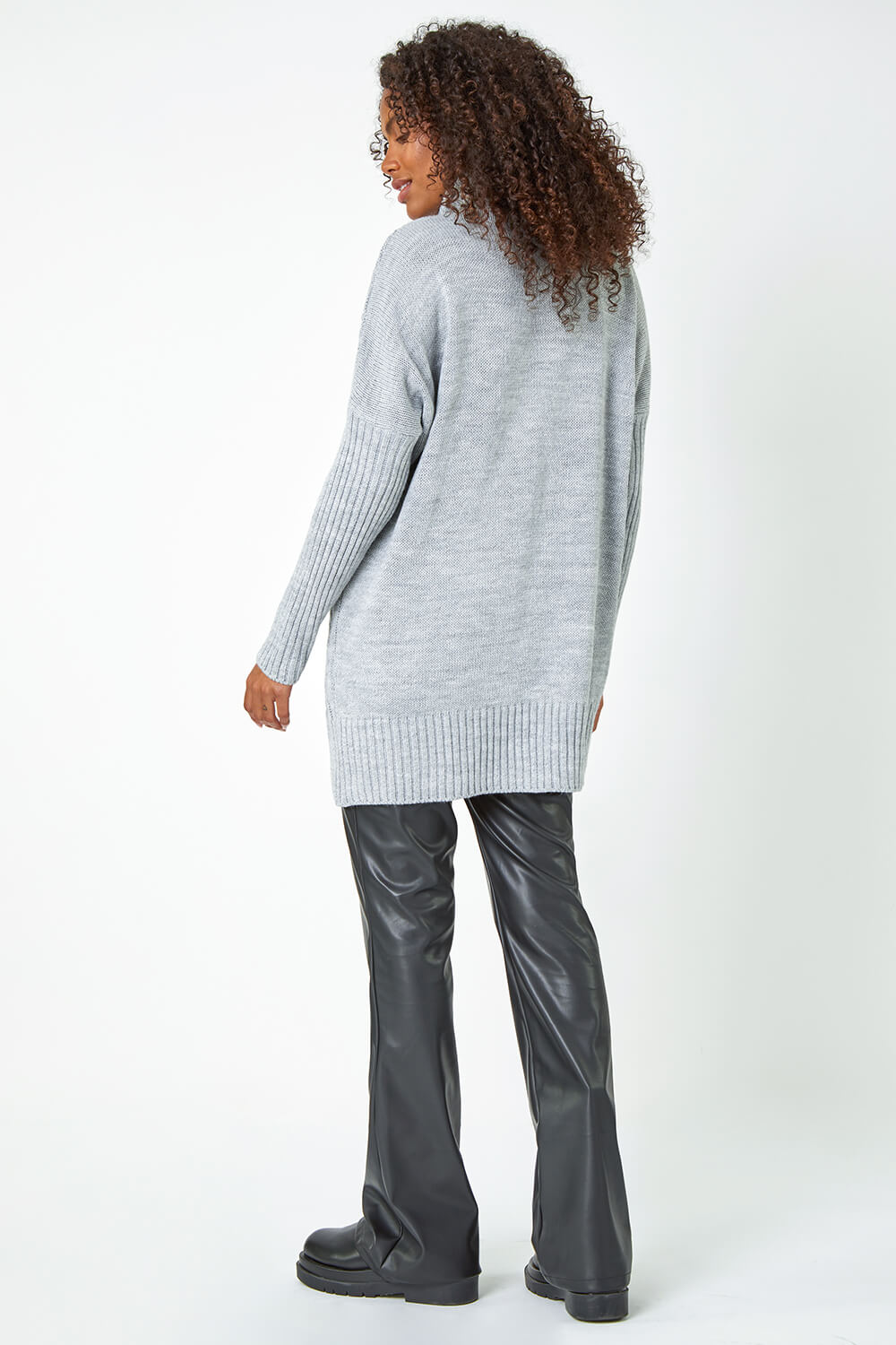 Grey Pearl Embellished Cable Knit Longline Jumper, Image 3 of 5