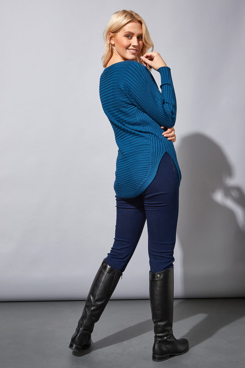 Teal Zip Front V Neck Jersey Long Sleeve Top, Image 3 of 4