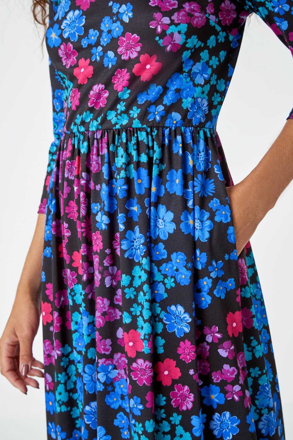 Multi  Floral Print Midi Stretch Dress , Image 5 of 5