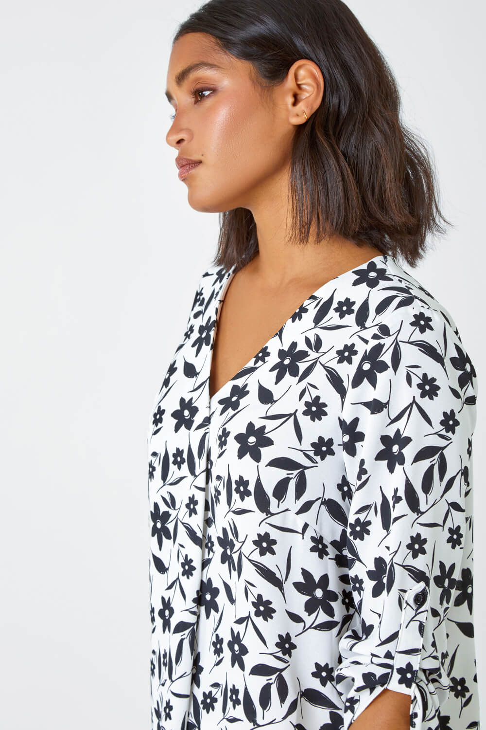 Black Floral Print Pleat Front Tunic Top, Image 4 of 5