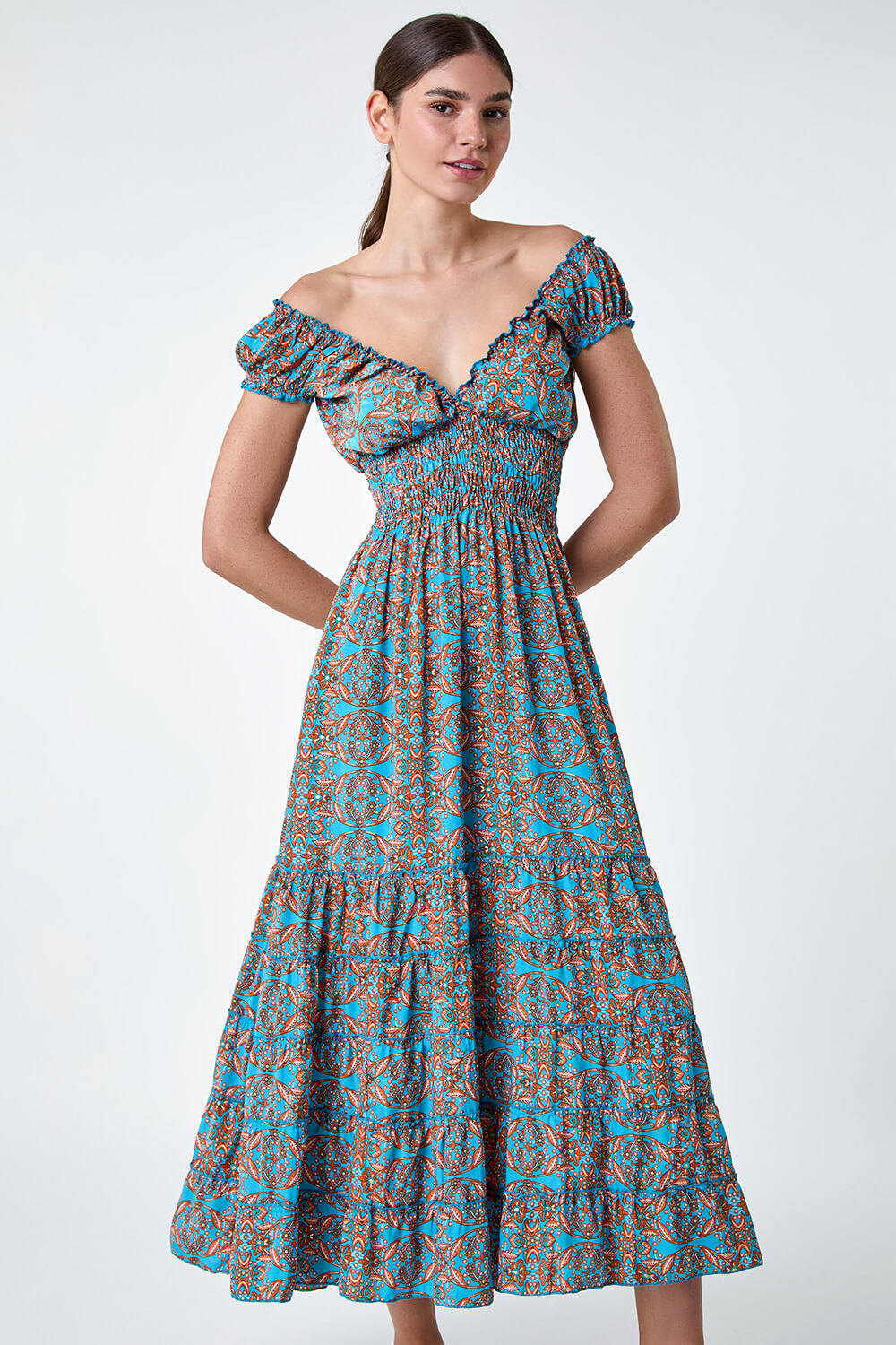 Blue Paisley Print Shirred Frill Maxi Dress, Image 4 of 5