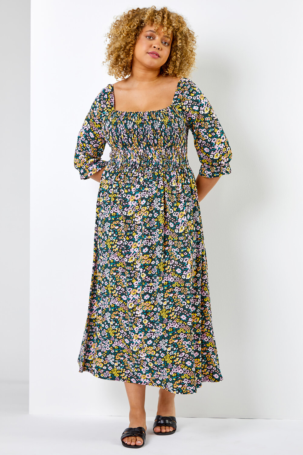 Black Curve Ditsy Floral Shirred Maxi Dress, Image 3 of 6