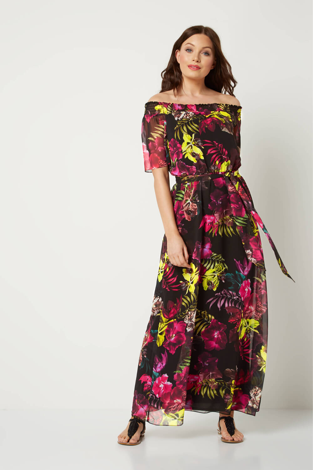 Black Floral Bardot Maxi Dress, Image 2 of 5