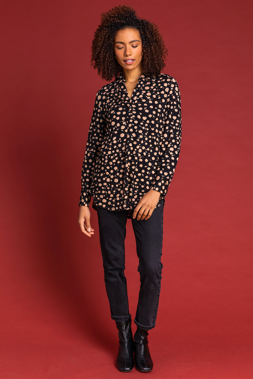 Black Spot Print Button Up Long Sleeve Blouse, Image 3 of 4