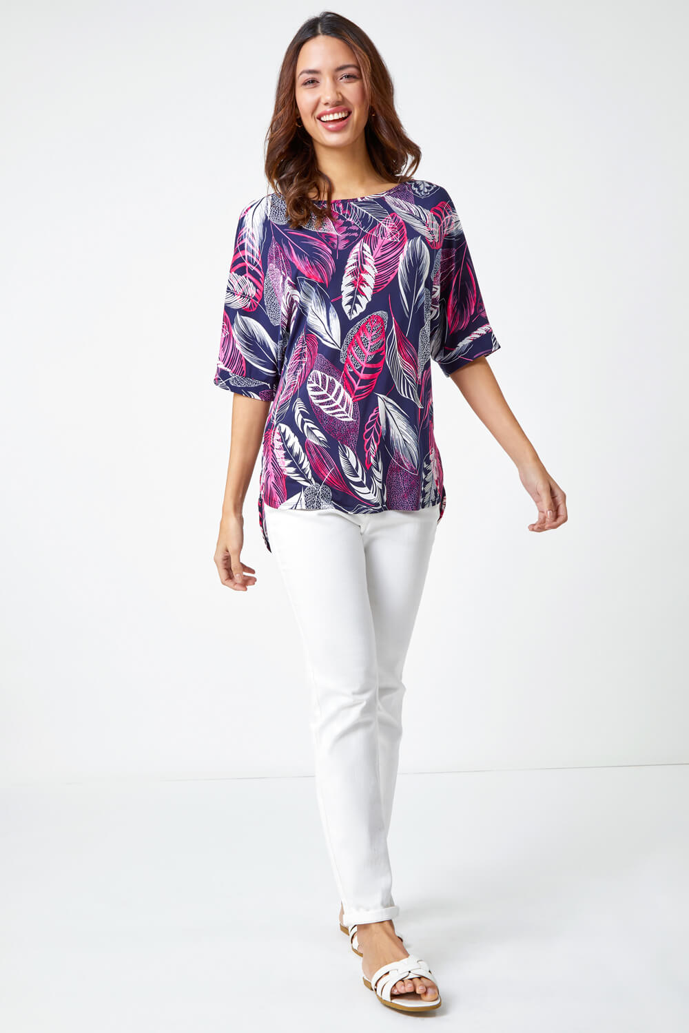 PINK Leaf Print Textured Tunic Top, Image 4 of 5