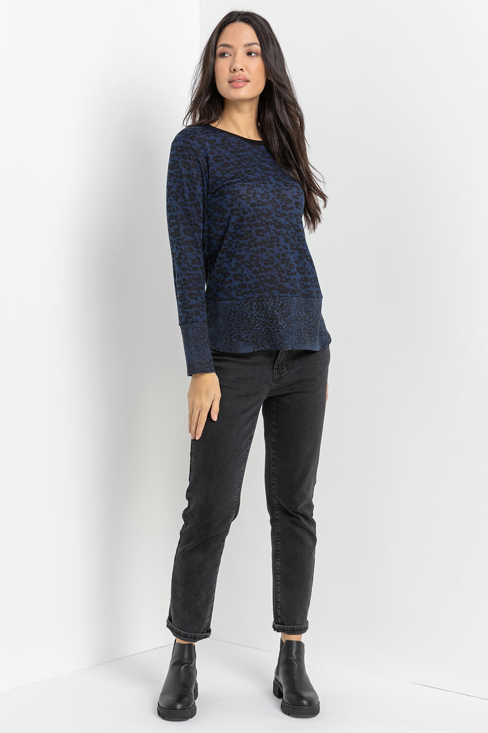 Navy  Leopard Print Round Neck Long Sleeve Jersey Top, Image 2 of 4