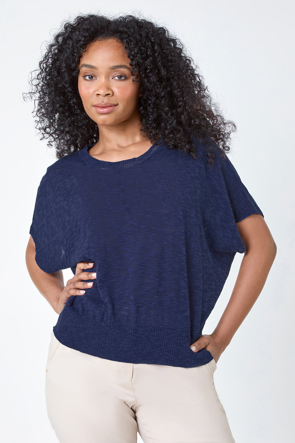 Navy  Petite Cotton Blend Textured Knit Top, Image 4 of 5