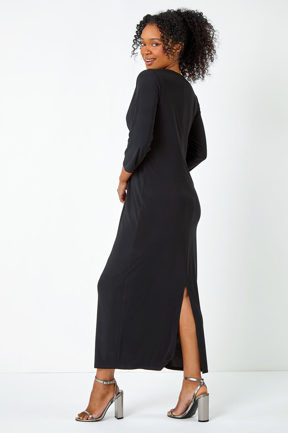 Black Petite Stretch Ruched Maxi Dress, Image 3 of 5