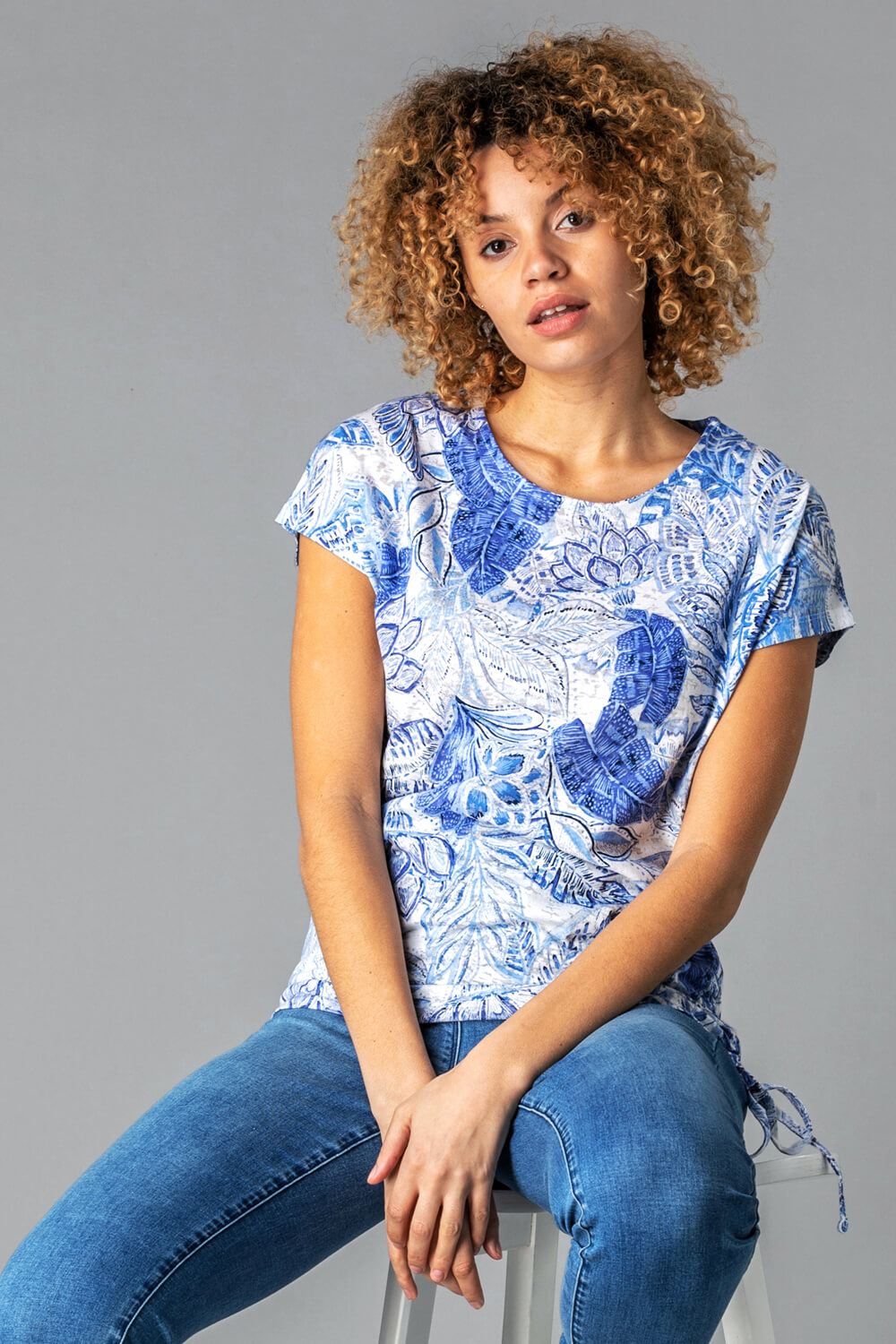 Blue Burnout Tropical Print Ruched T-Shirt, Image 3 of 4