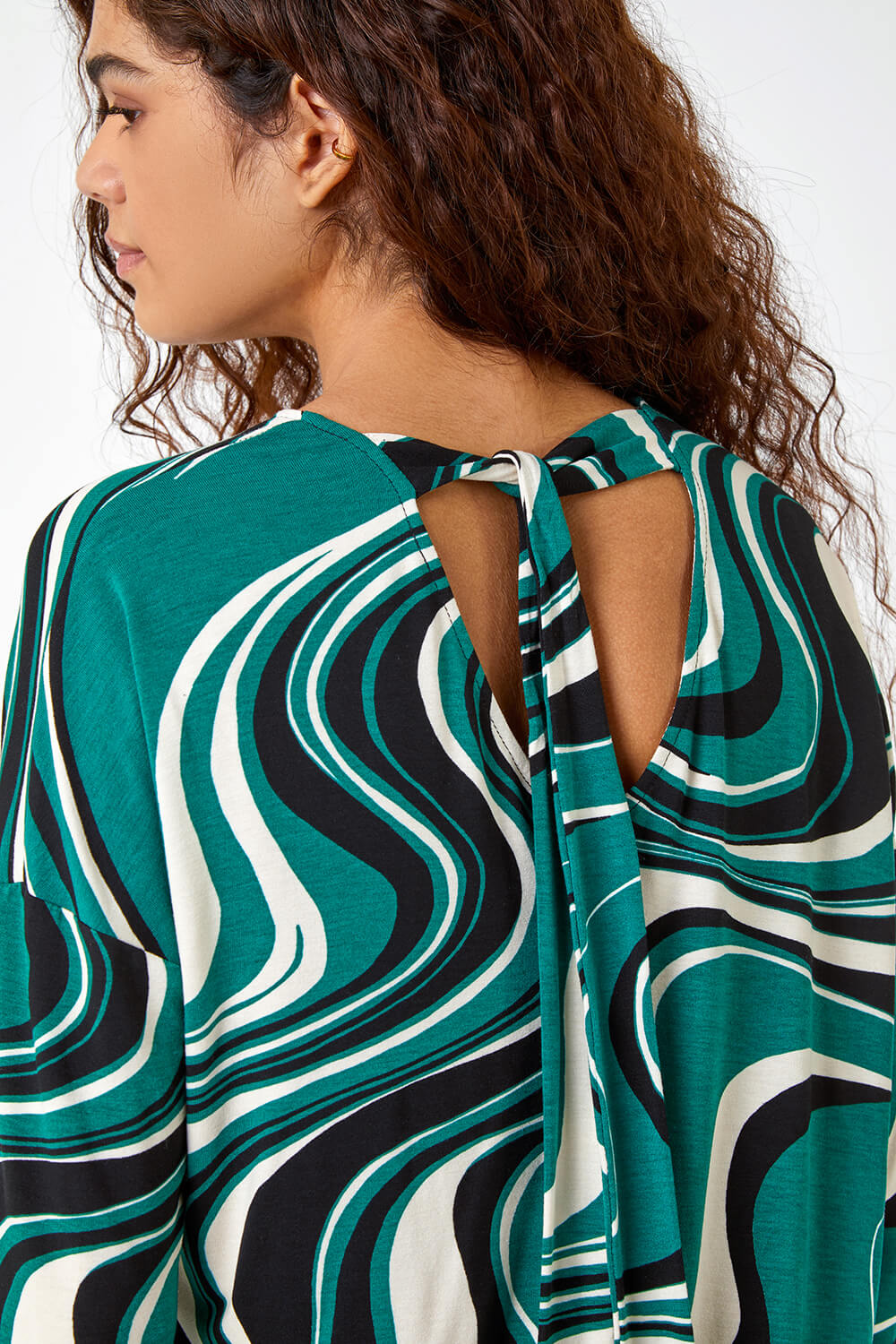 Green Swirl Print Tie Back Stretch Top, Image 2 of 5