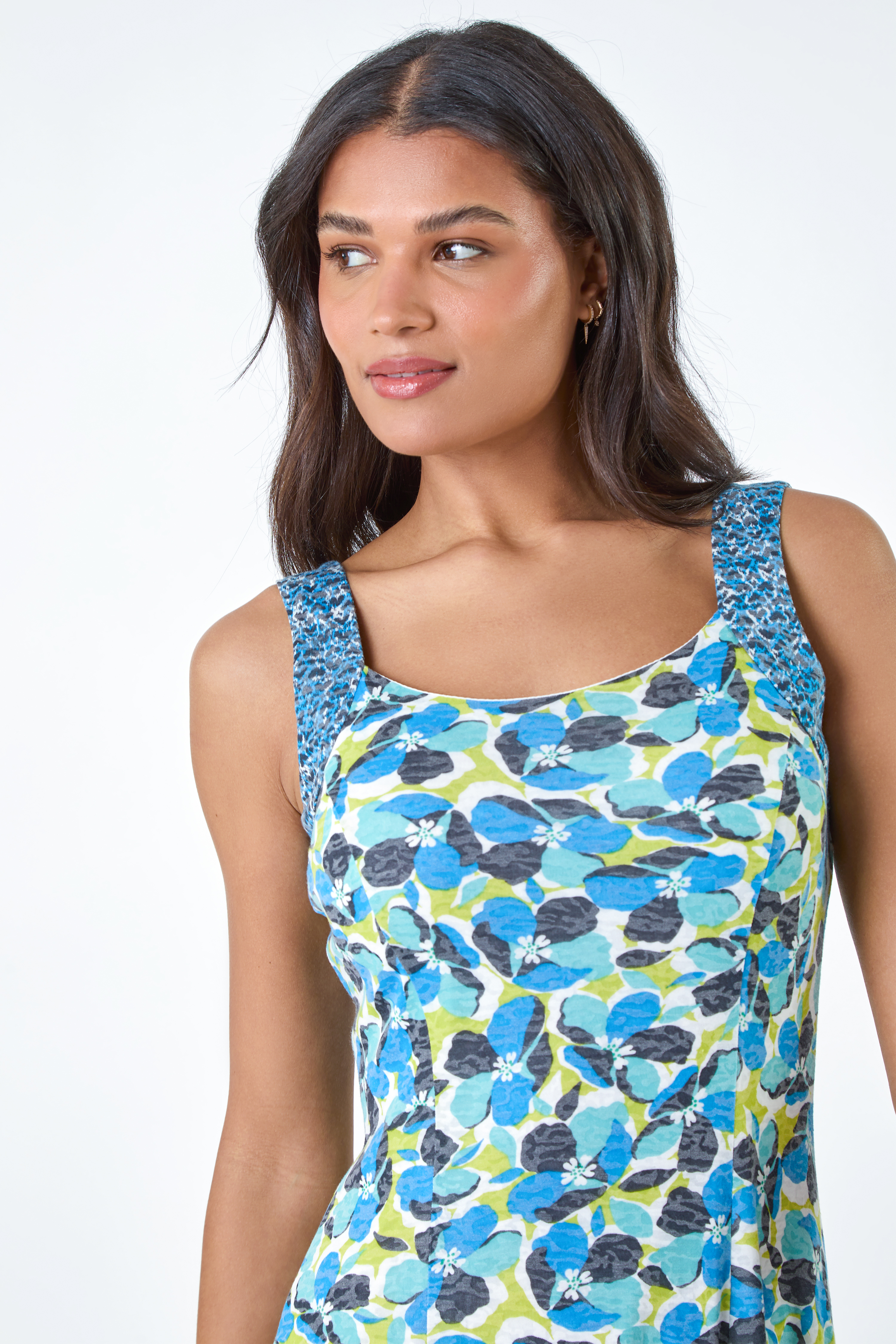 Blue Sleeveless Contrast Floral Print Dress, Image 4 of 5