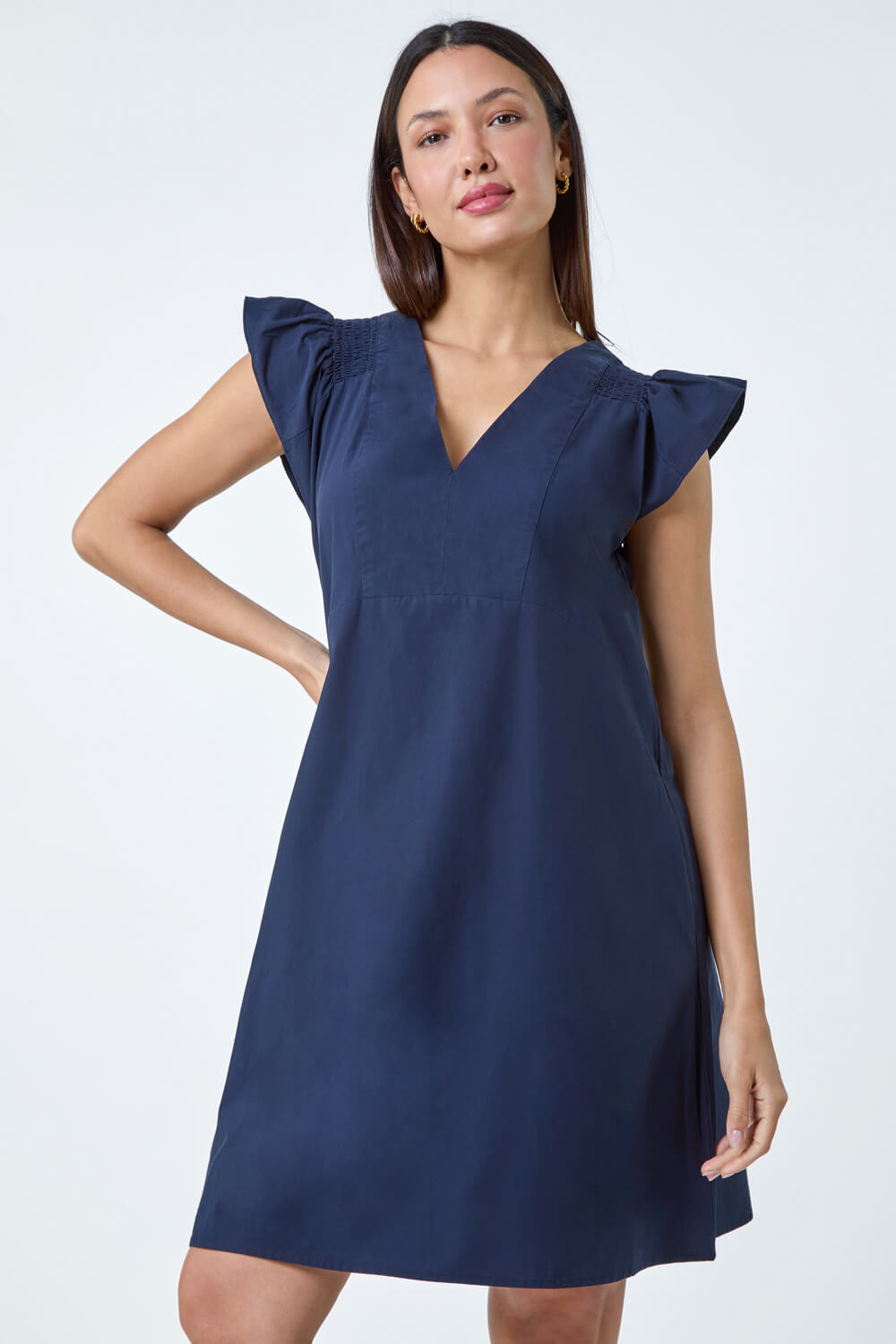 Navy  Plain Cotton Frill Sleeve Pocket Dress, Image 2 of 5