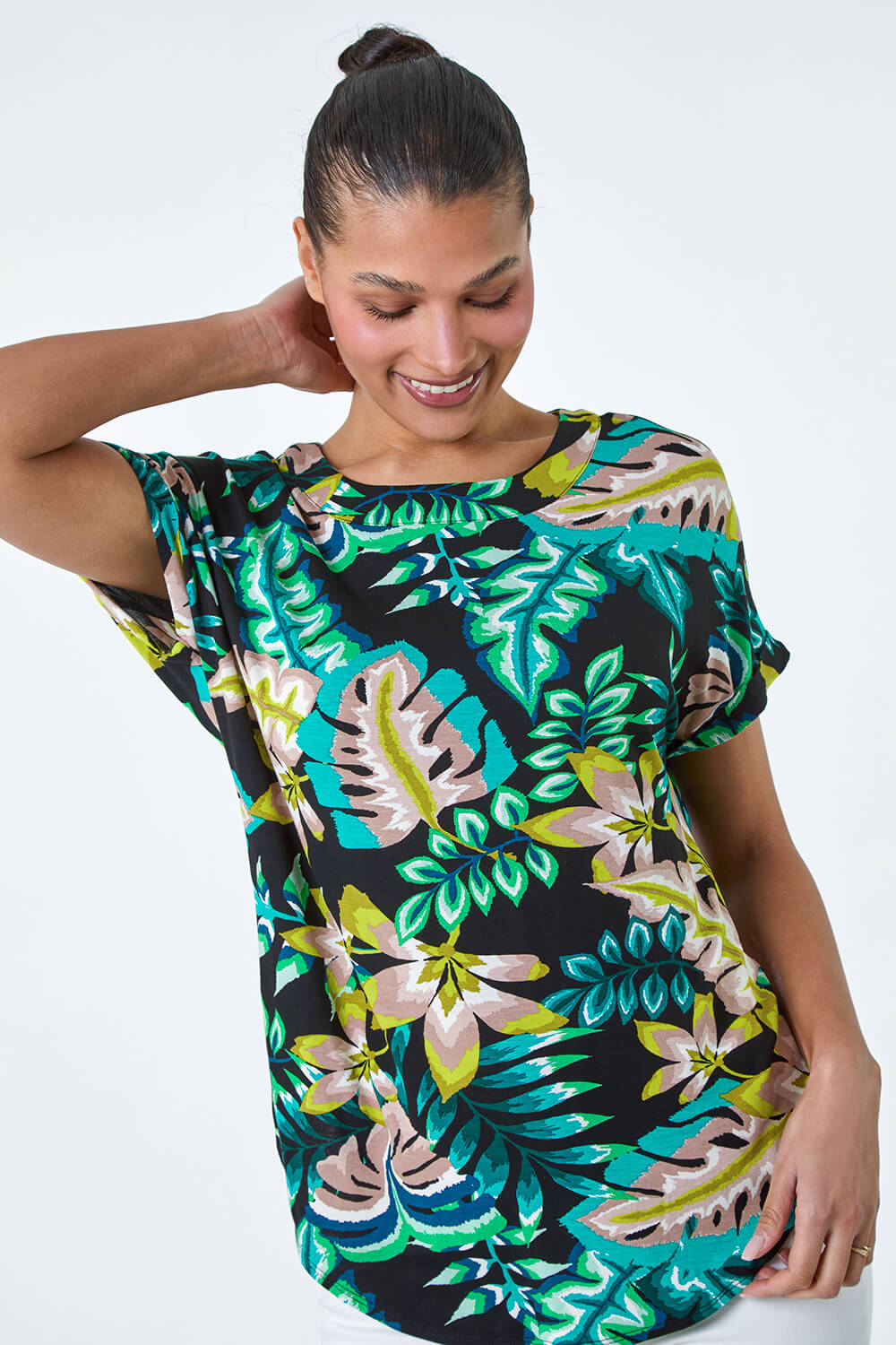 Green Tropical Leaf Print Stretch T-Shirt, Image 4 of 6