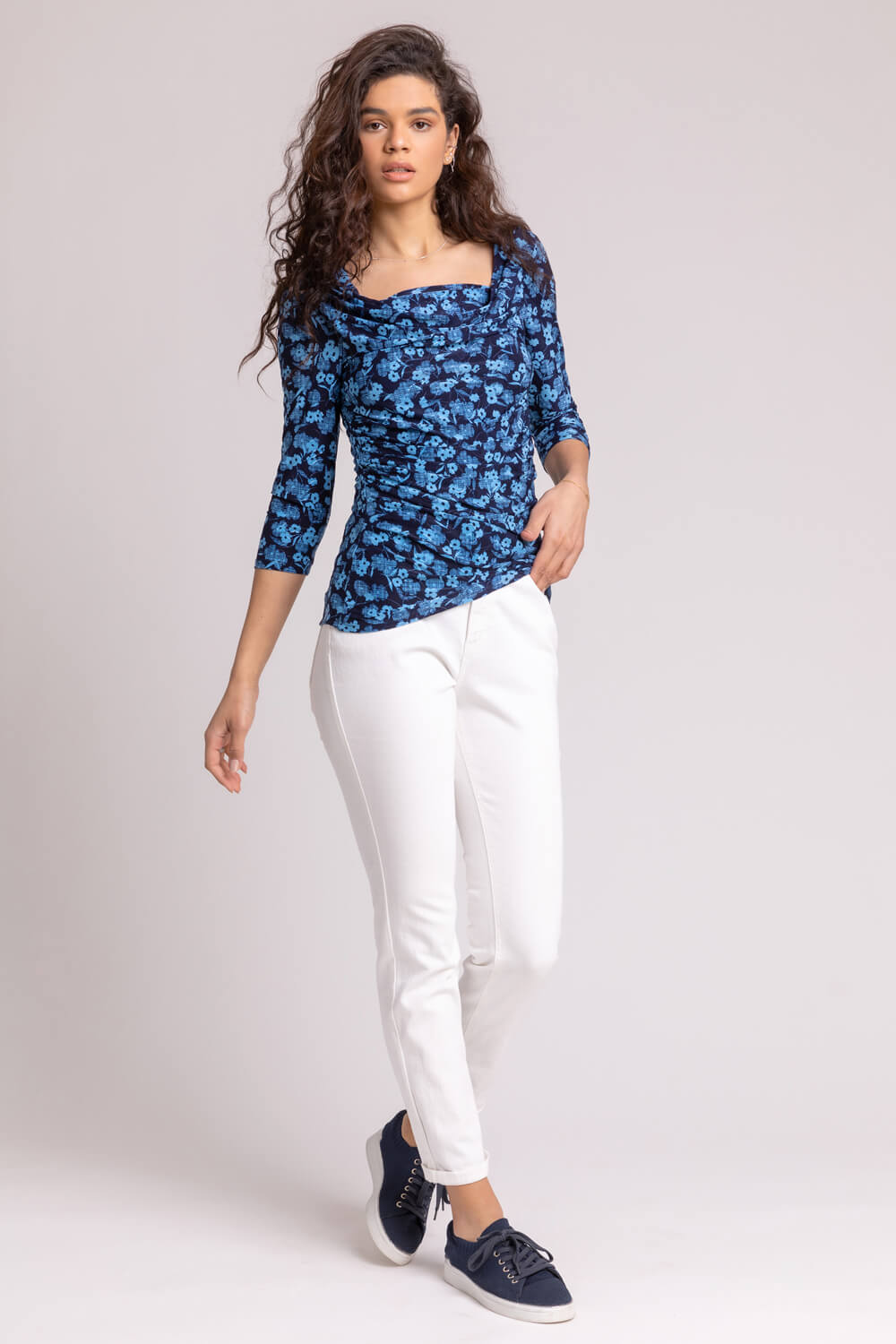 Blue Floral Print Cowl Neck Top, Image 3 of 4