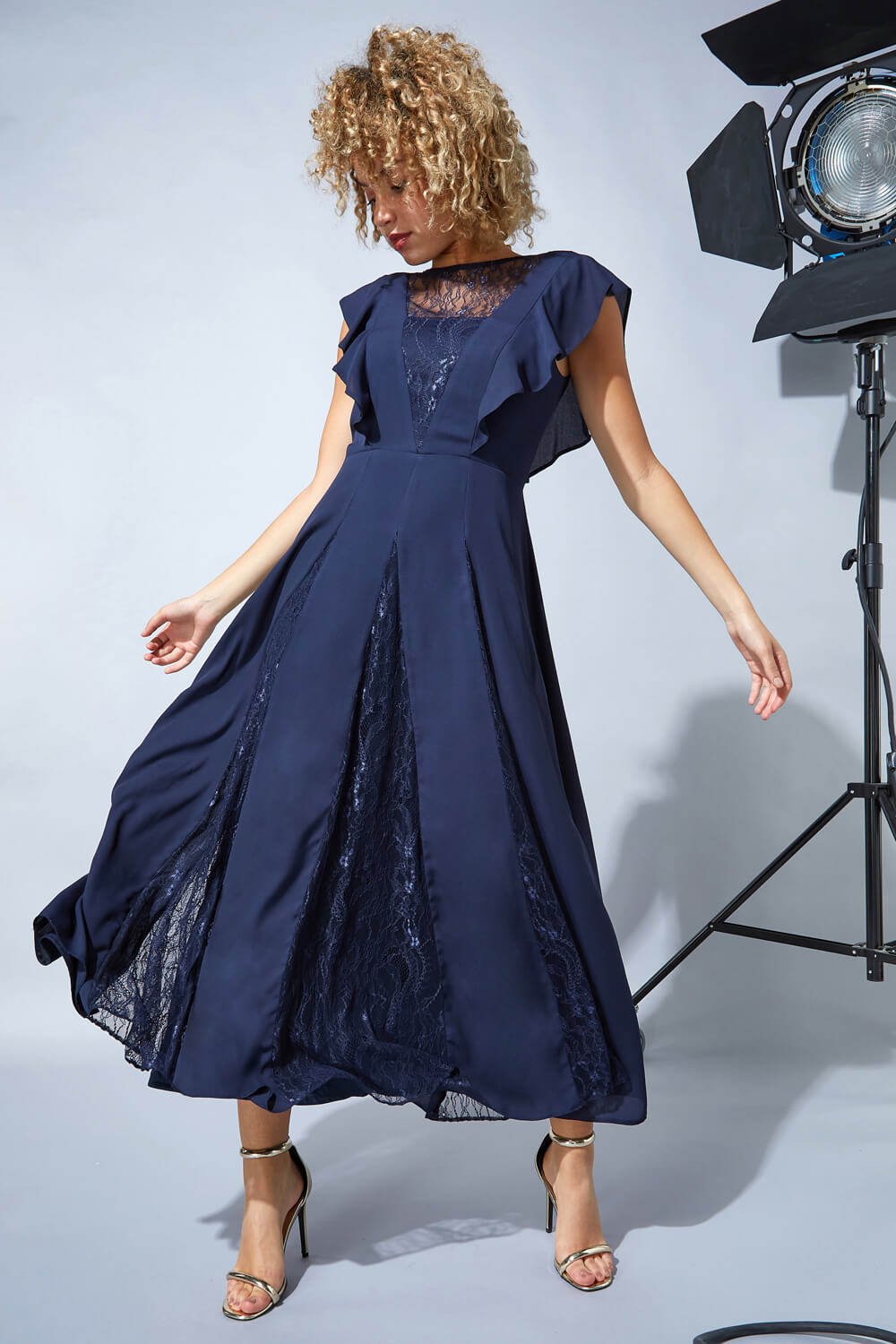 Chiffon Frill Lace Embellished Maxi Dress