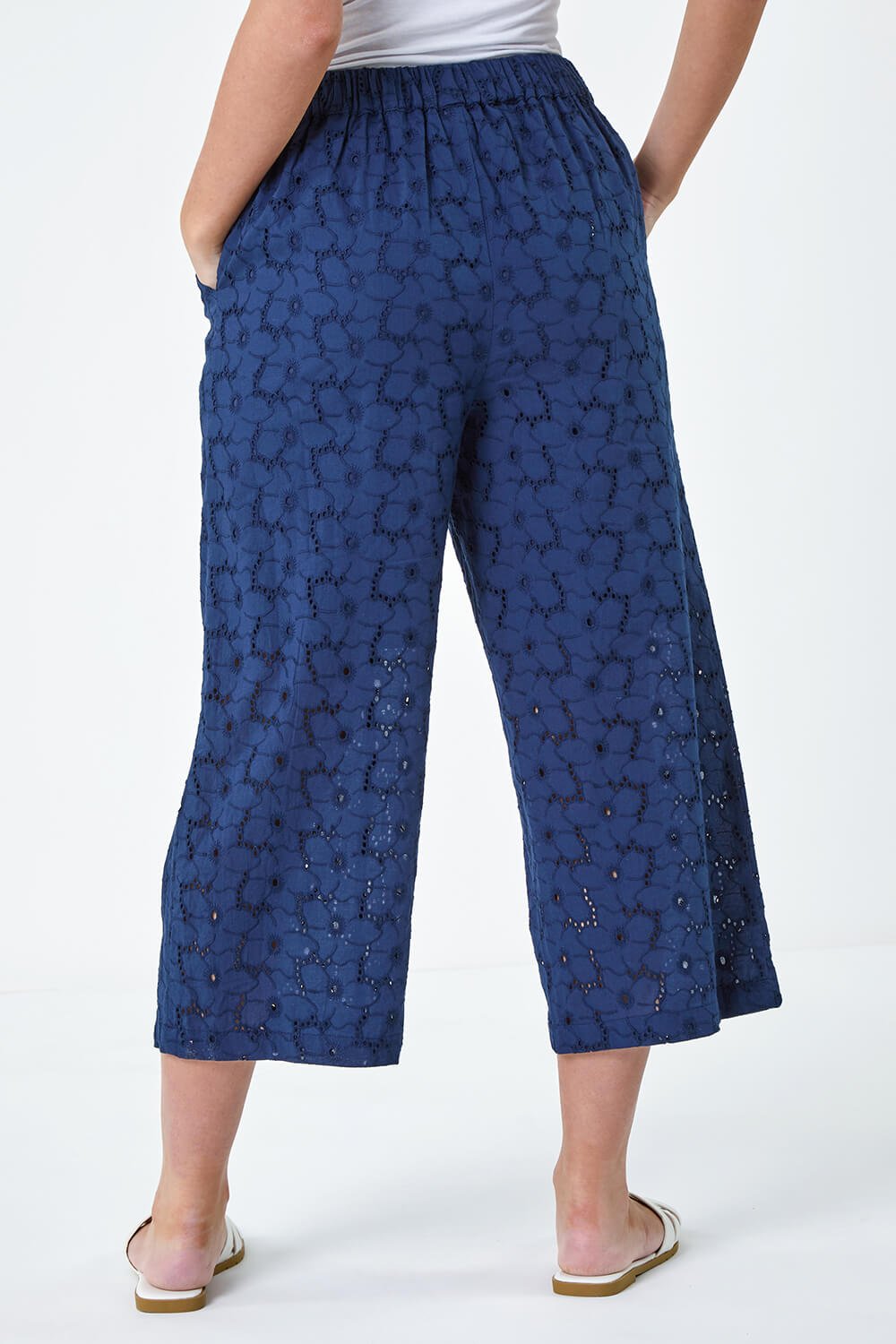 Navy  Petite Cotton Broderie Culotte Trousers, Image 3 of 5