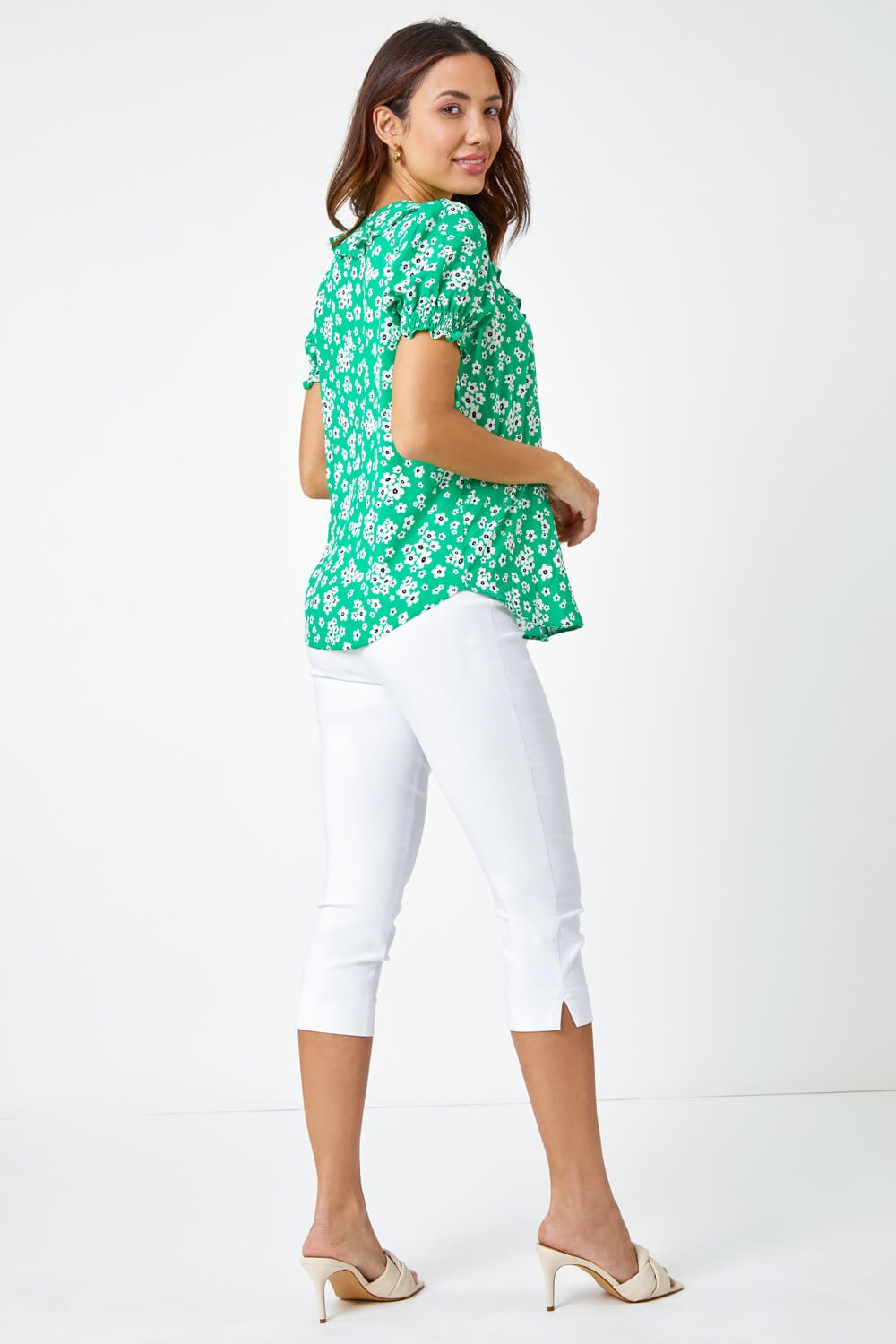 Green Ditsy Floral Print Ruffle Top, Image 3 of 5